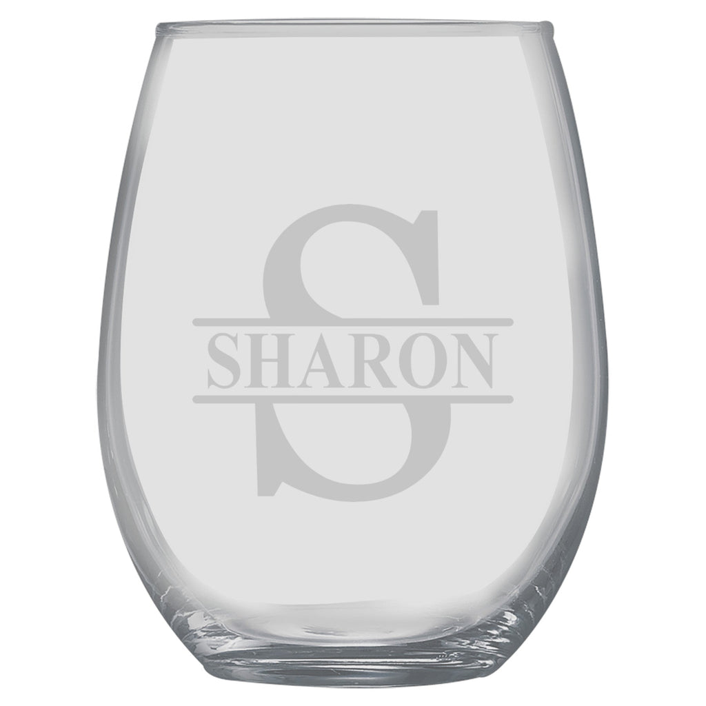 15oz PERSONALIZED Set - Stemless Wine Glass + Coaster - Split letter monogram