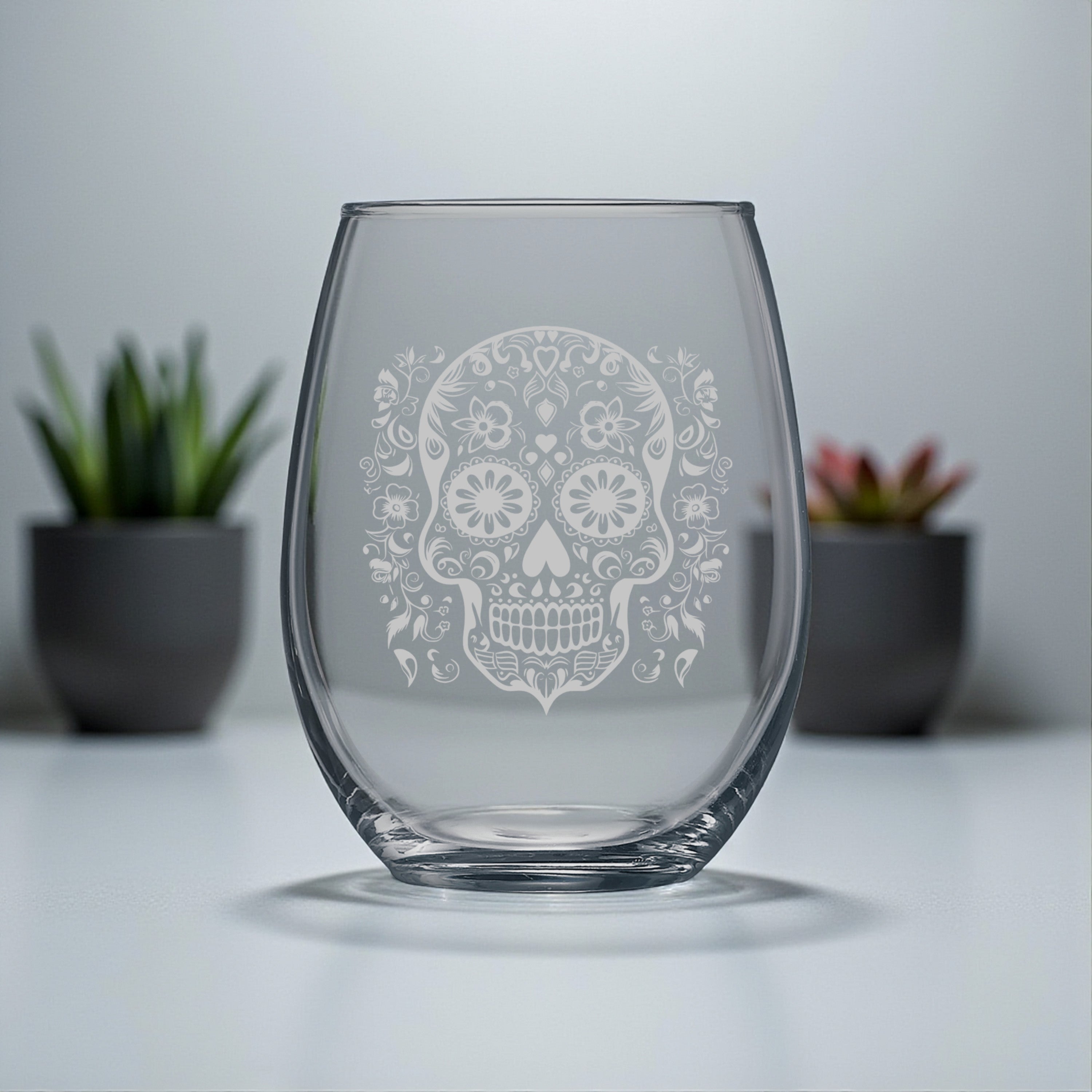 15oz Stemless Wine Glass - Sugar Skull - Day of the Dead
