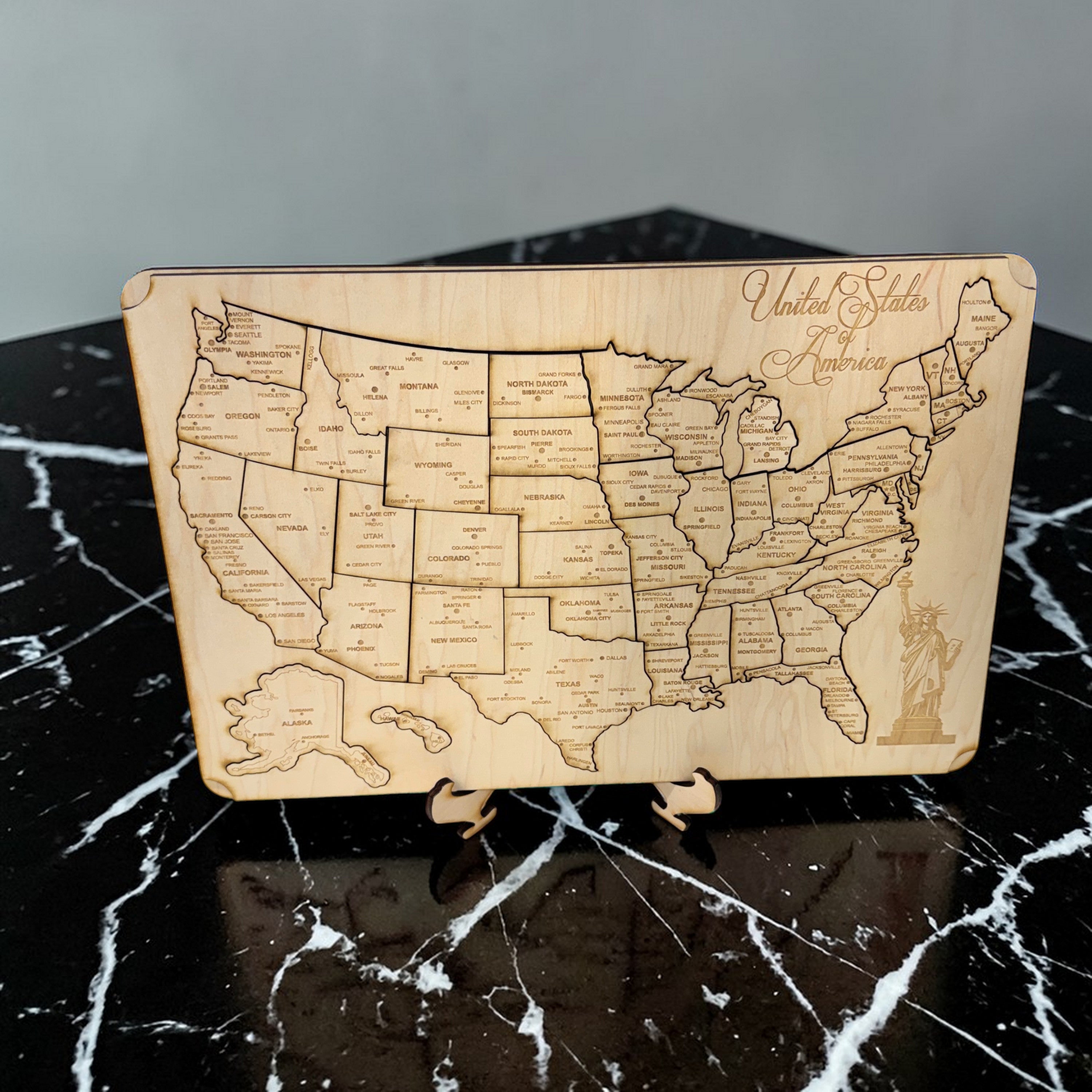 50 State WITH CITIES American Puzzle Map Liberty - Wood 12x18 Inches - 51 Pieces - With Stand