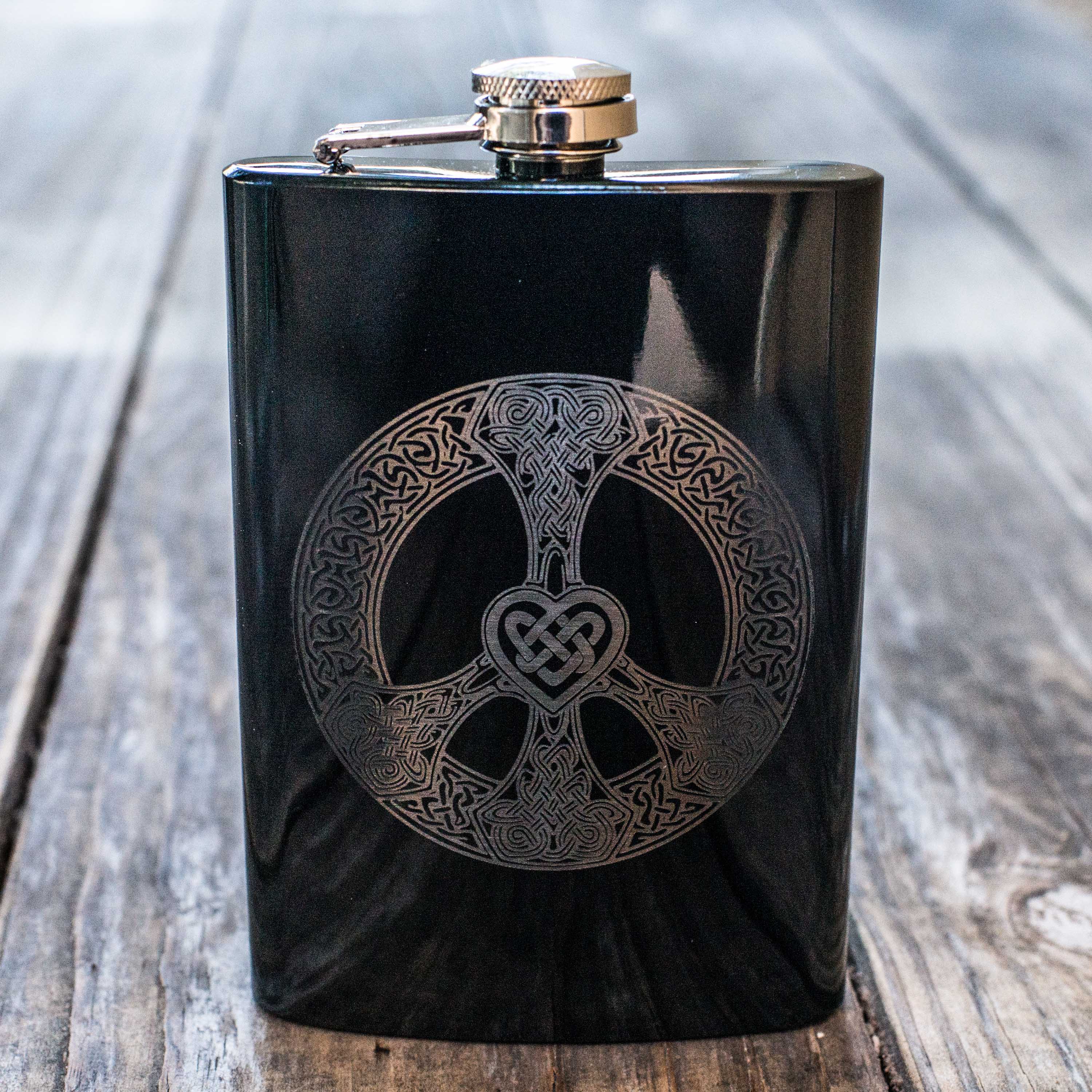 8oz BLACK Celtic Love and Peace Flask
