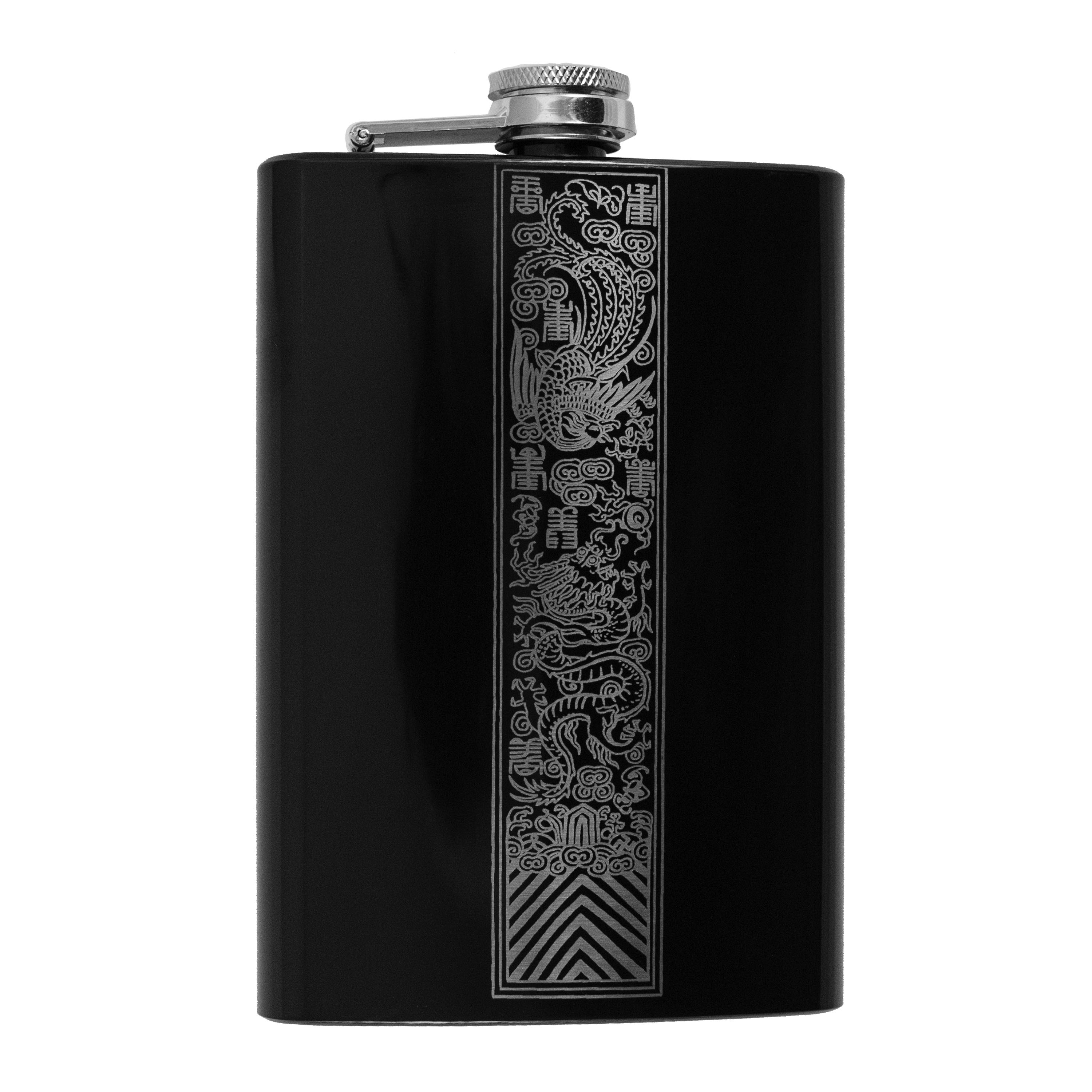 8oz BLACK Chinese Dragon and Phoenix Flask