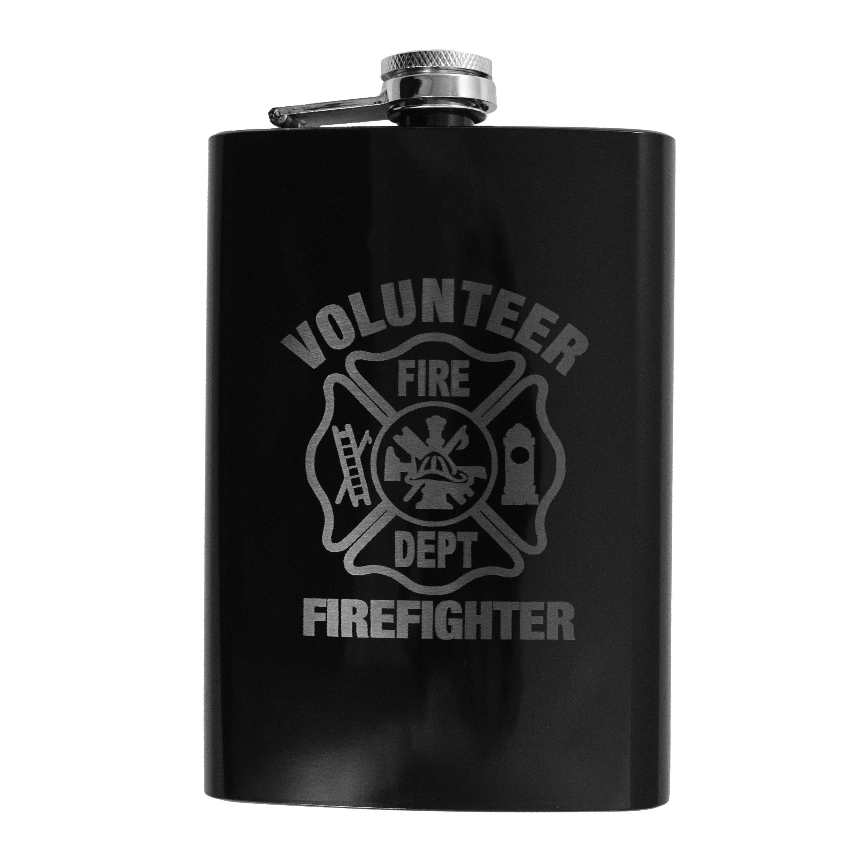 8oz BLACK Volunteer Firefighter Logo Flask