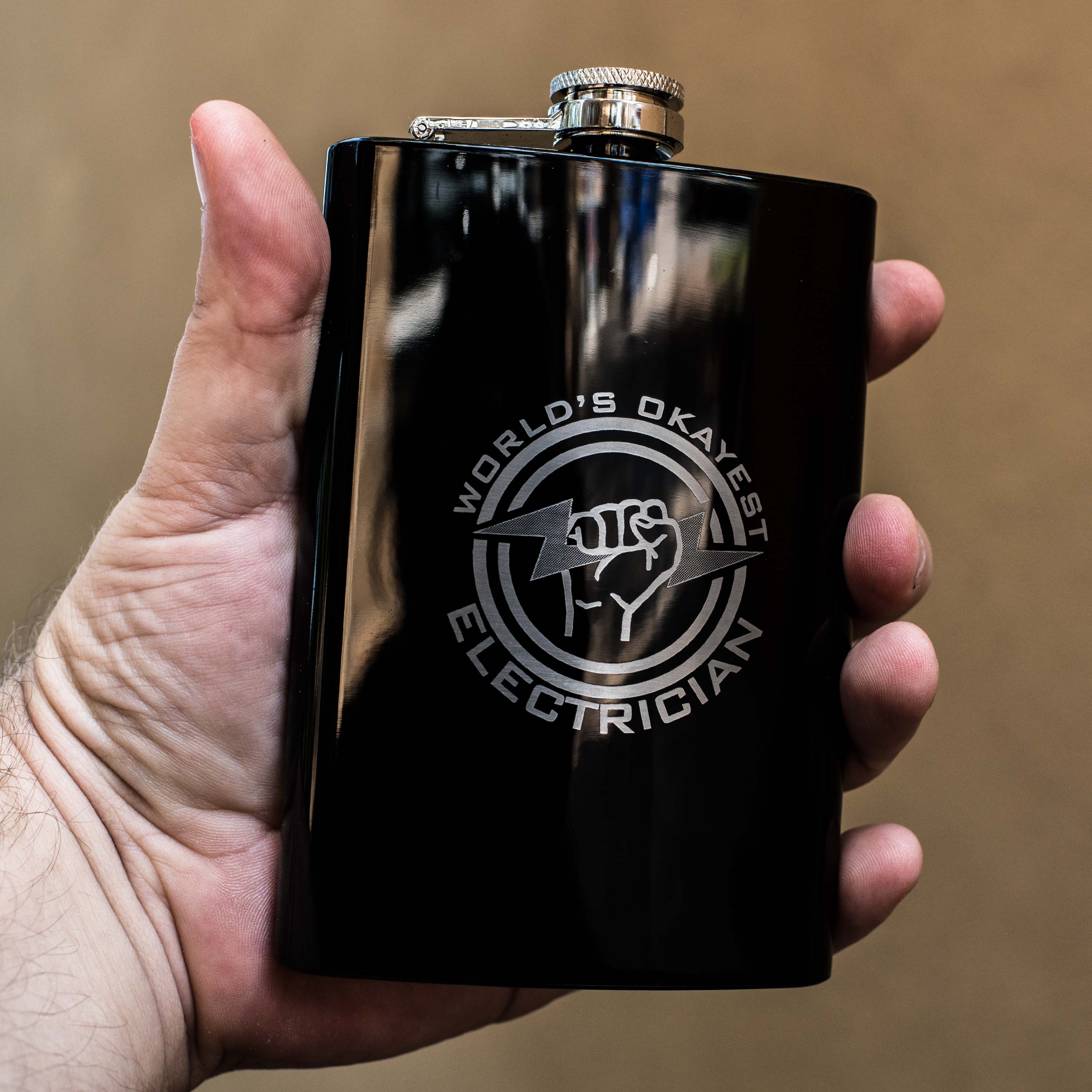 8oz BLACK World's Okayest Electrician Flask