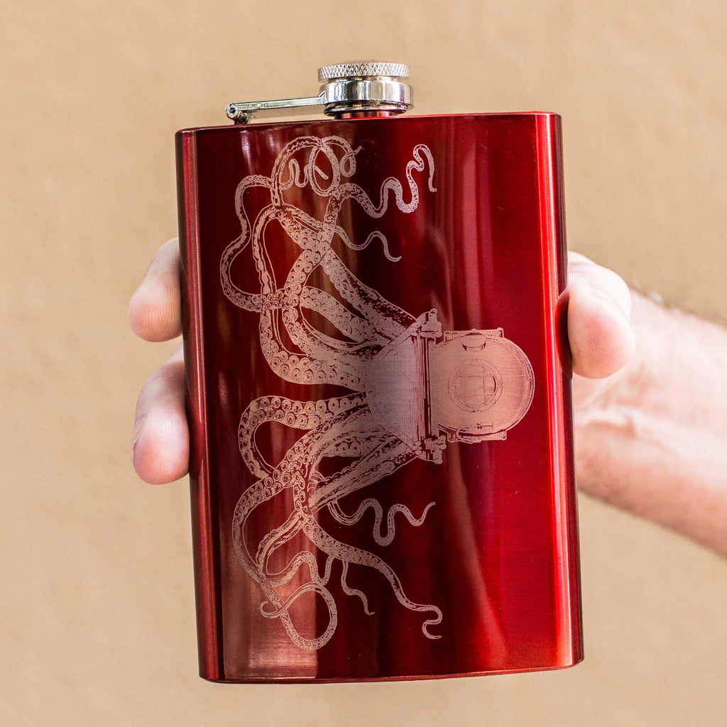 8oz RED Steampunk Octopus Flask