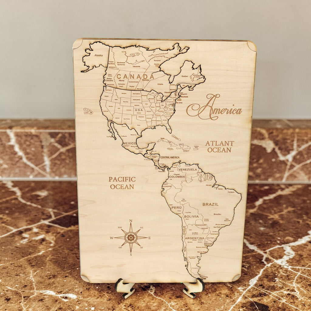 America North South and Central Puzzle Map - Art Kit - Raw Wood 12x18 Inches - 7 Pieces - With Stand
