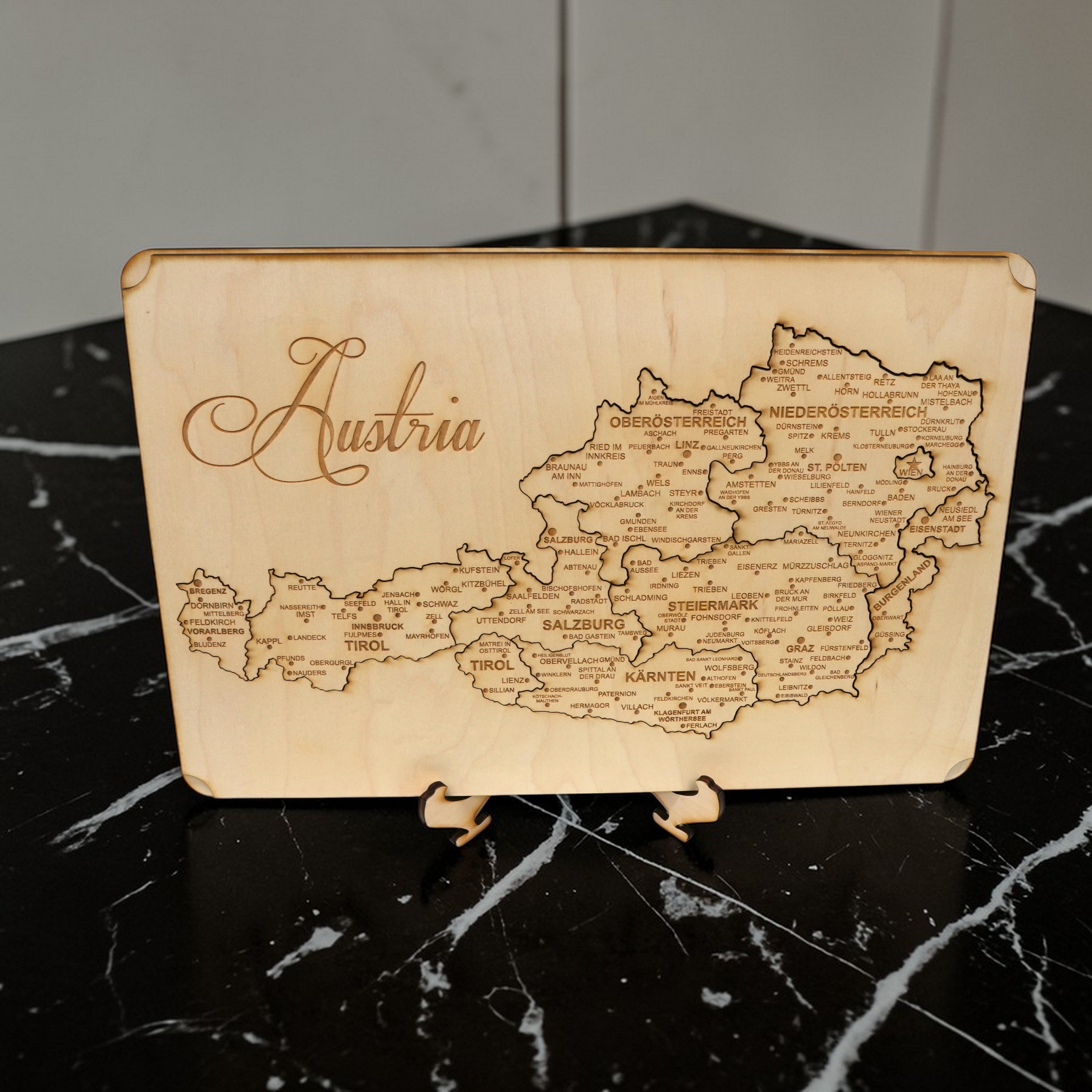 Austria Puzzle Map - Art Kit - Raw Wood 12x18 Inches - 11 Pieces - With Stand