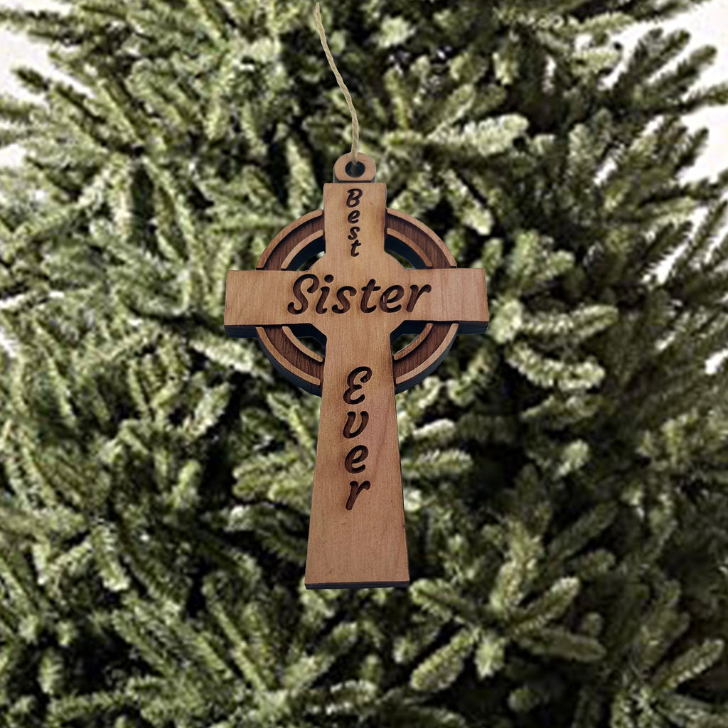 Best Sister Ever Celtic Cross - Cedar Ornament