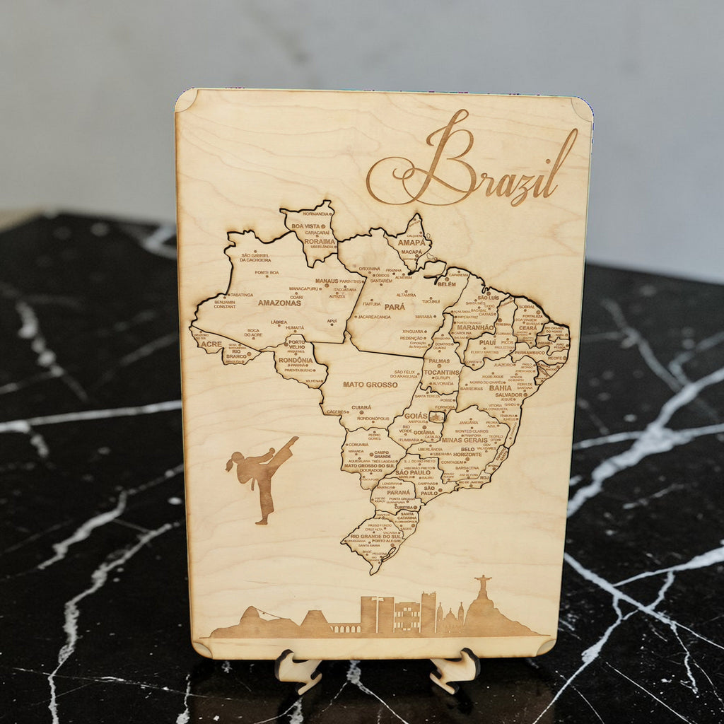 Brazil Puzzle Map - Art Kit - Raw Wood 12x18 Inches - 28 Pieces - With Stand