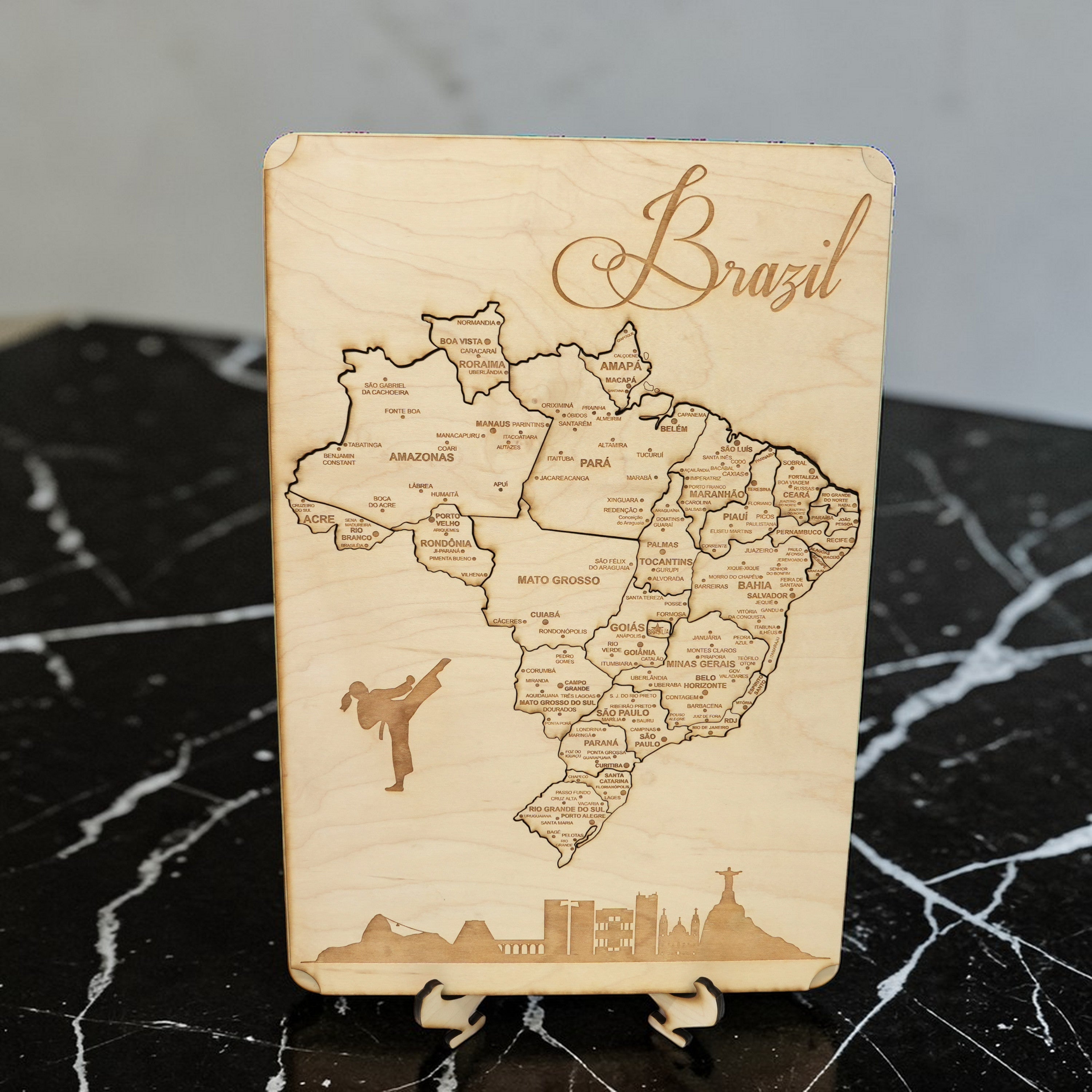 Brazil Puzzle Map - Art Kit - Raw Wood 12x18 Inches - 28 Pieces - With Stand