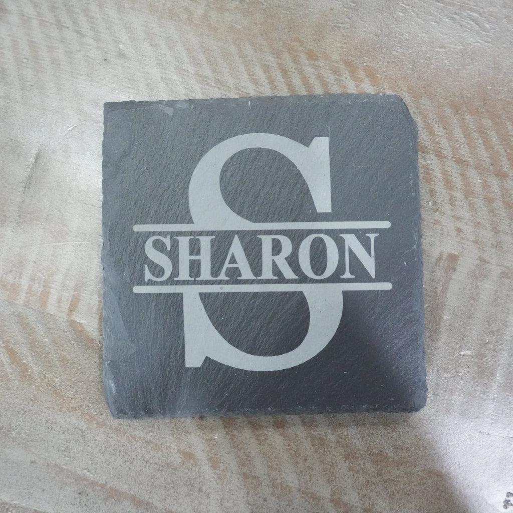 15oz PERSONALIZED Set - Stemless Wine Glass + Coaster - Split letter monogram