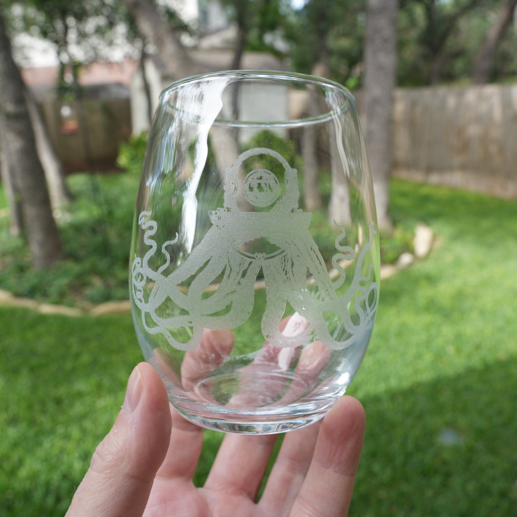 15oz Stemless Wine Glass - Steampunk Octopus
