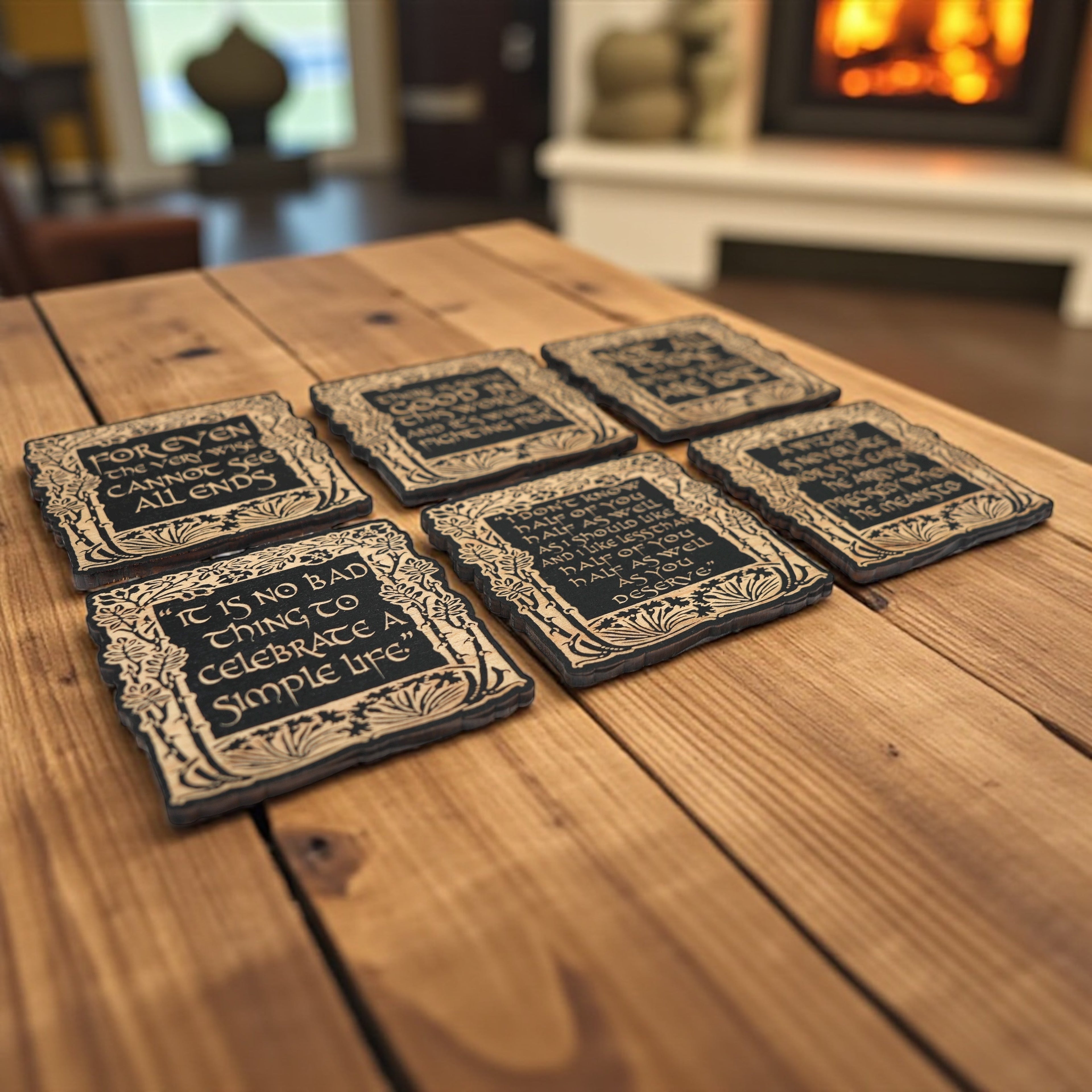 Coaster - BLACK - Fantasy Quotes Coaster Set of 6 Raw Wood