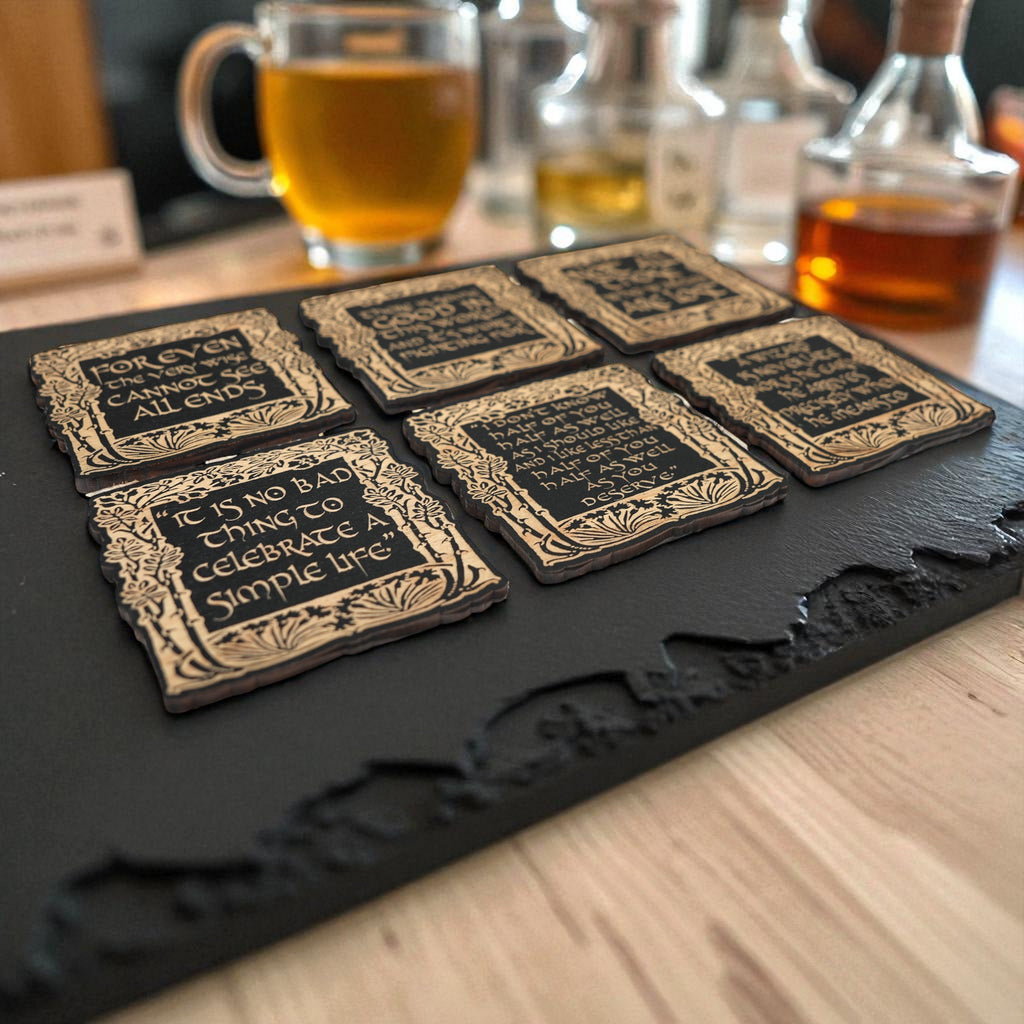 Coaster - BLACK - Fantasy Quotes Coaster Set of 6 Raw Wood