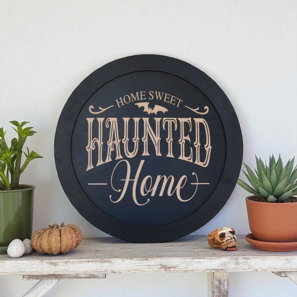 Magnet Sign - BLACK - Home Sweet Haunted Home - Black Halloween Door Sign - 15x15 Inches