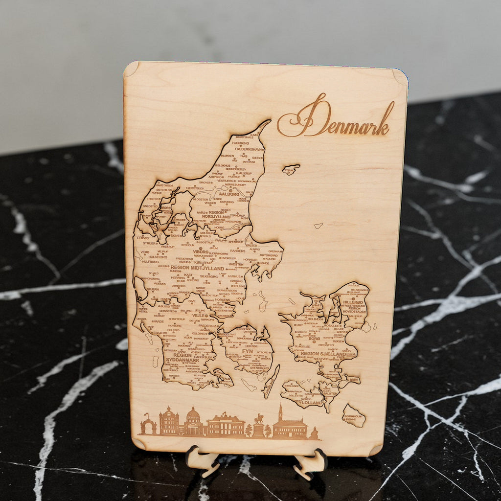 Denmark Puzzle Map - Art Kit - Raw Wood 12x18 Inches - 16 Pieces - With Stand