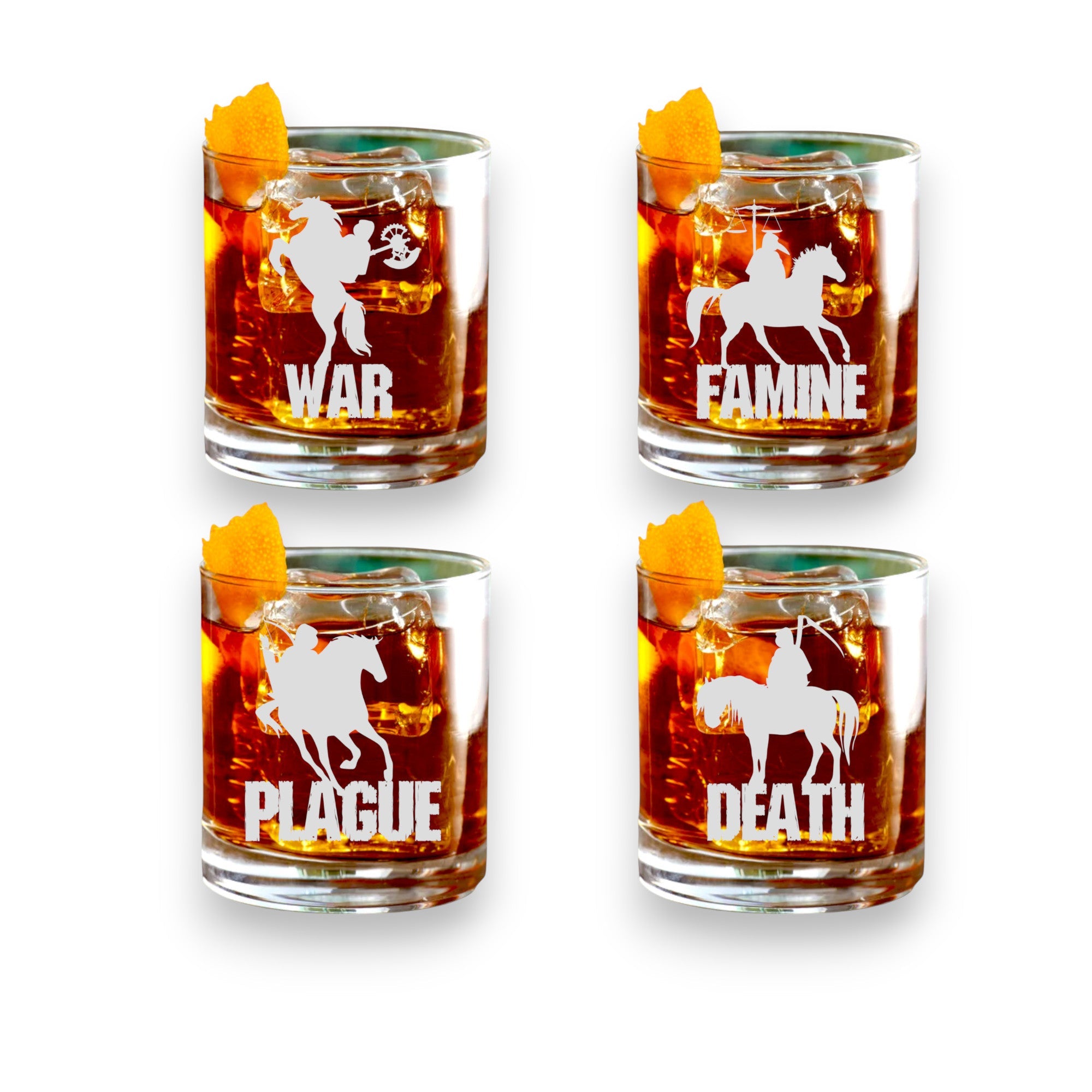 4 Horsemen of the Apocalypse - set Flight Board with 4ea Rocks Glasses, shot glasses, Rawhide keychains, Cedar Coasters