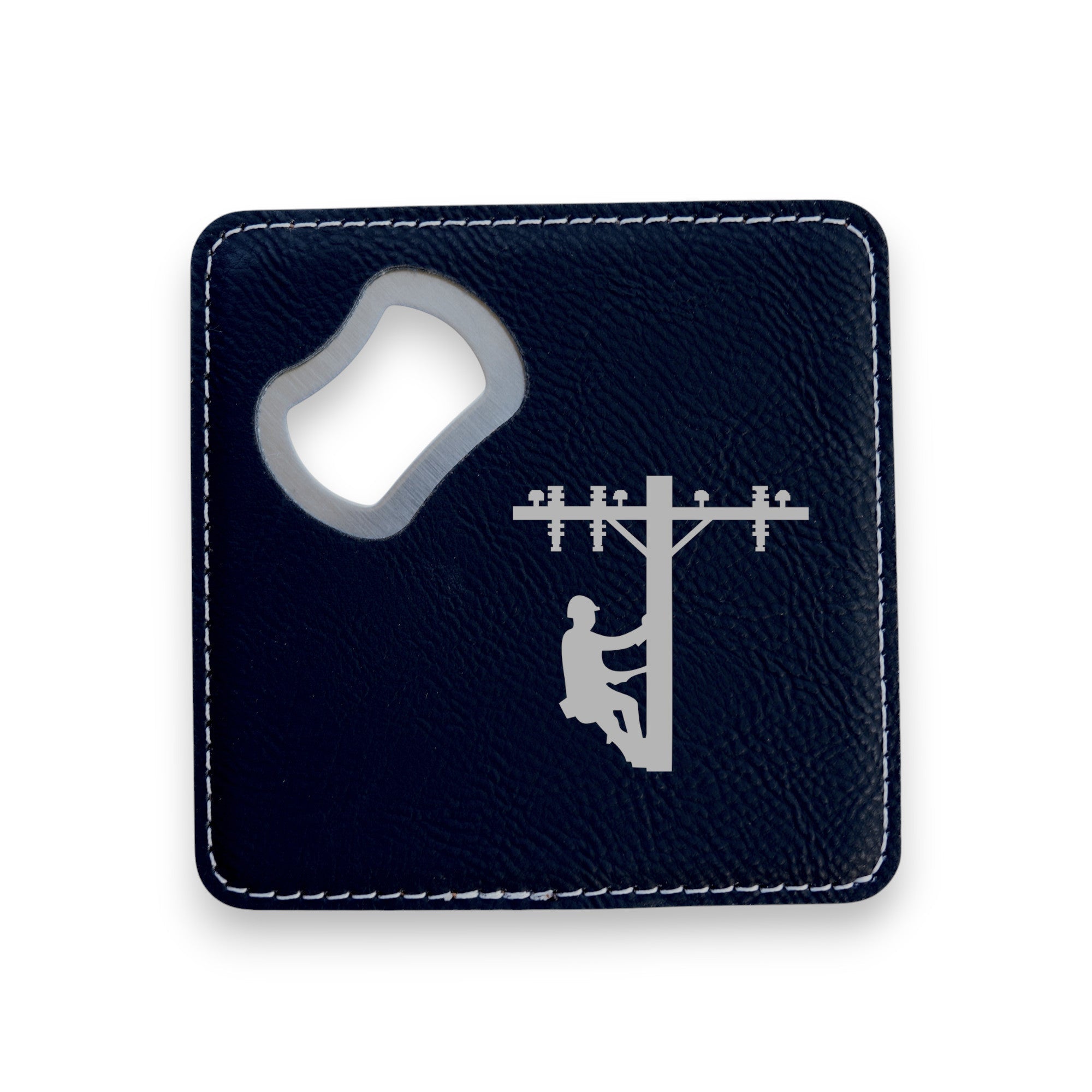 Coaster W/ BOTTLE OPENER - Lineman - SET OF 2 LEATHER