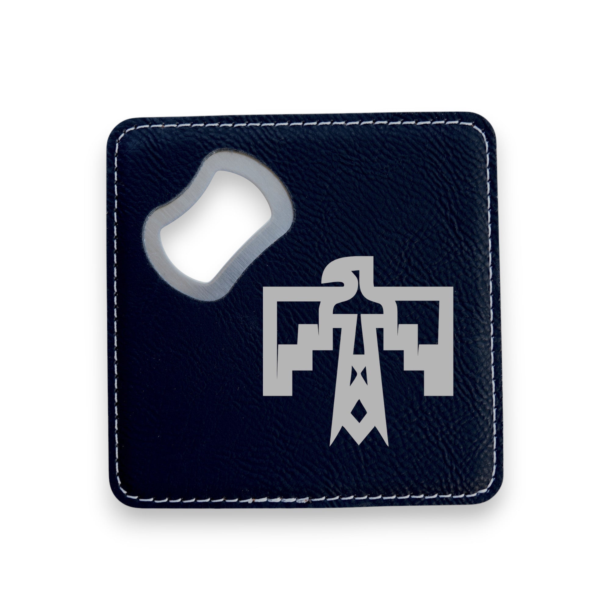 Coaster W/ BOTTLE OPENER - Thunderbird Native American - SET OF 2 LEATHER