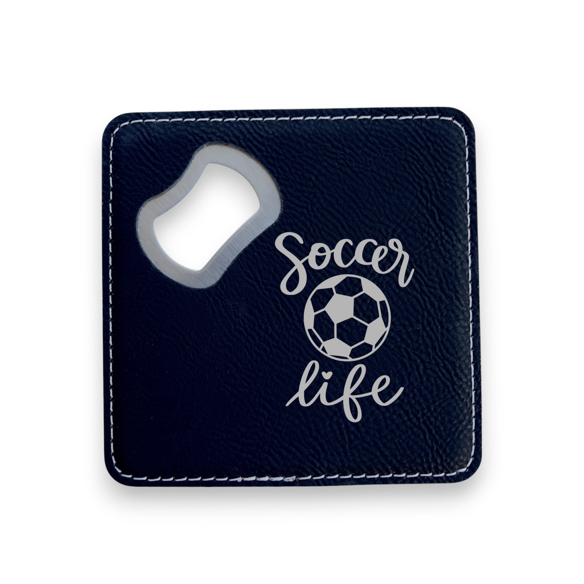Coaster W/ BOTTLE OPENER - Soccer LIfe - SET OF 2 LEATHER