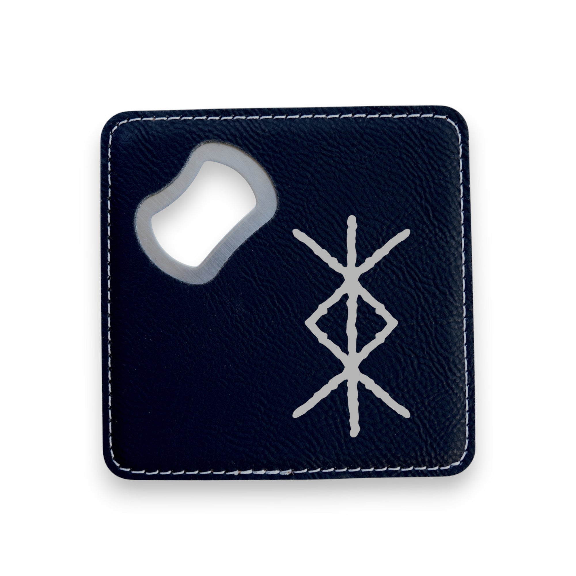 Coaster W/ BOTTLE OPENER - Viking Protection Rune - SET OF 2 LEATHER