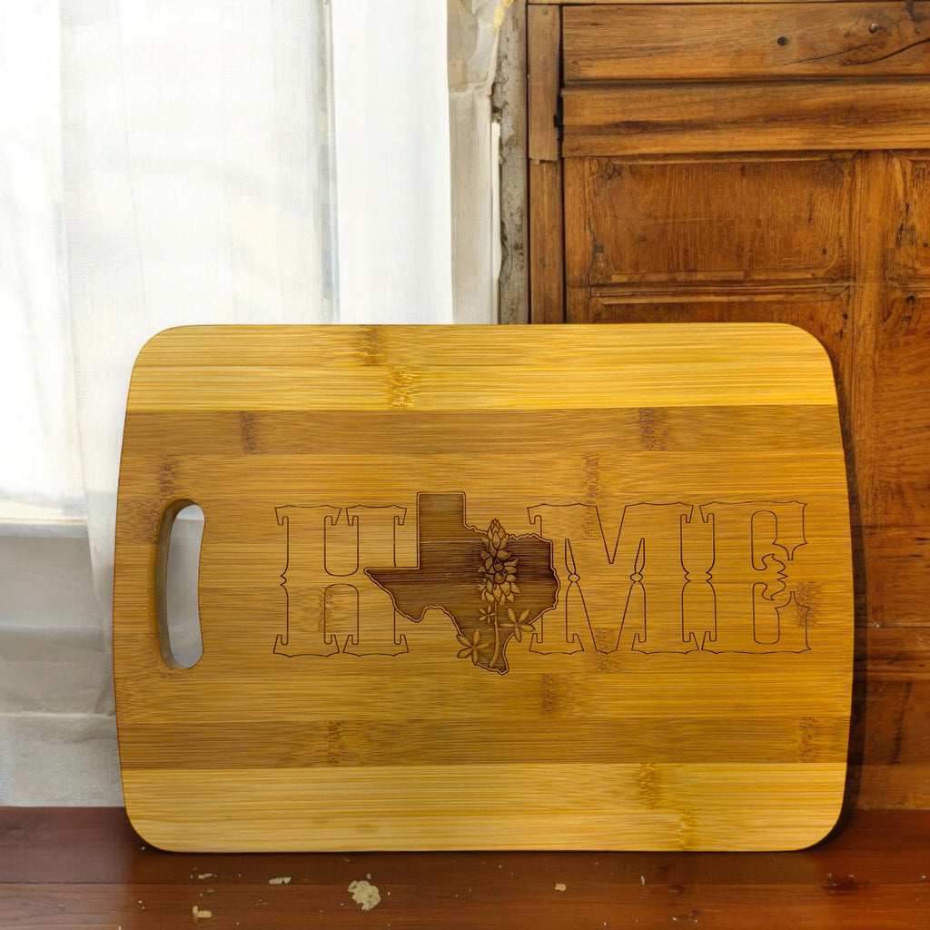 Texas Home with Bluebonnets - Cutting Board 14''x9.5''x.5'' Bamboo