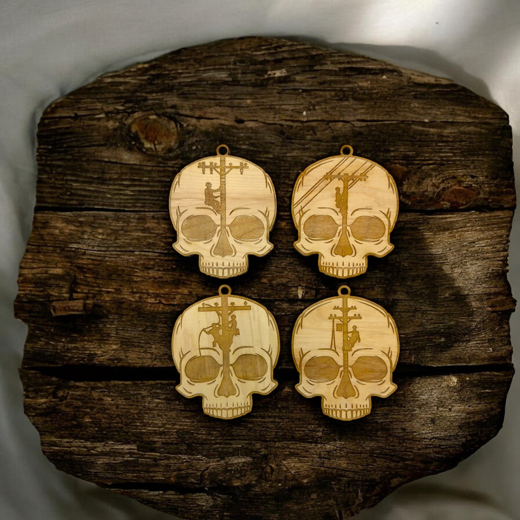 Ornament - Lineman Skulls - Set of 4 - Raw Wood 3x3in