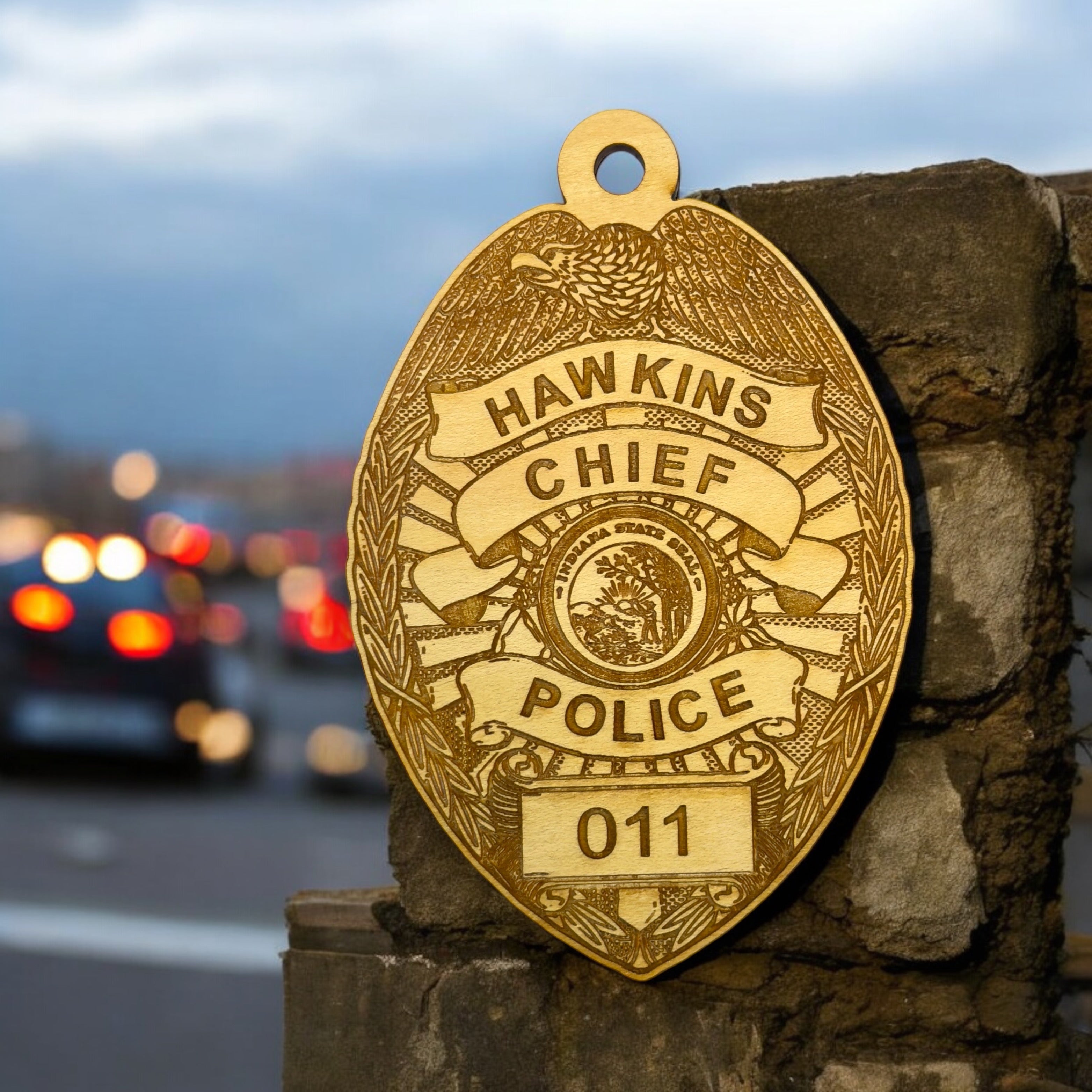 Ornament - Hawkins Chief of Police - Raw Wood 3x4.5in