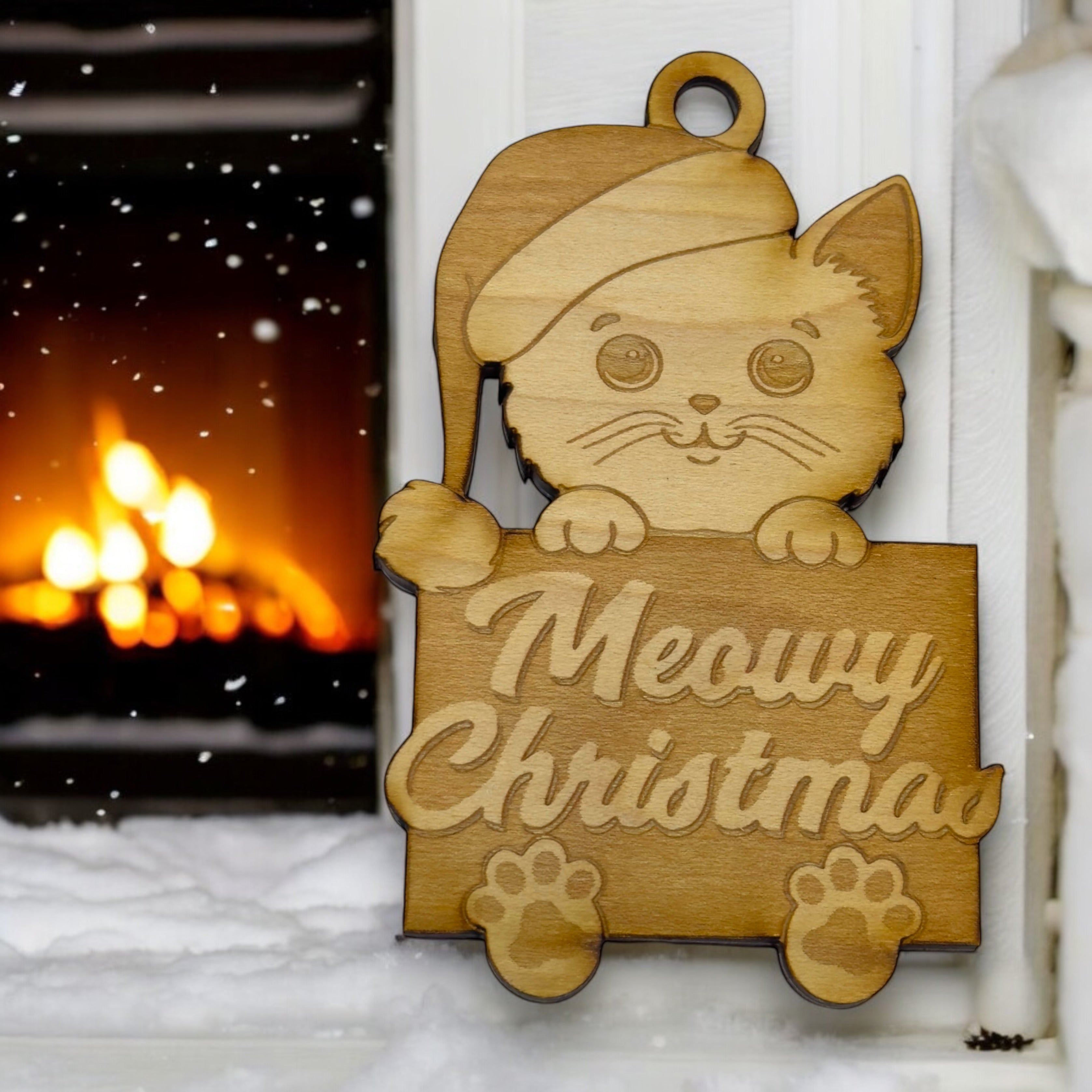 Ornament - Meowy Christmas - Raw Wood 3x4in
