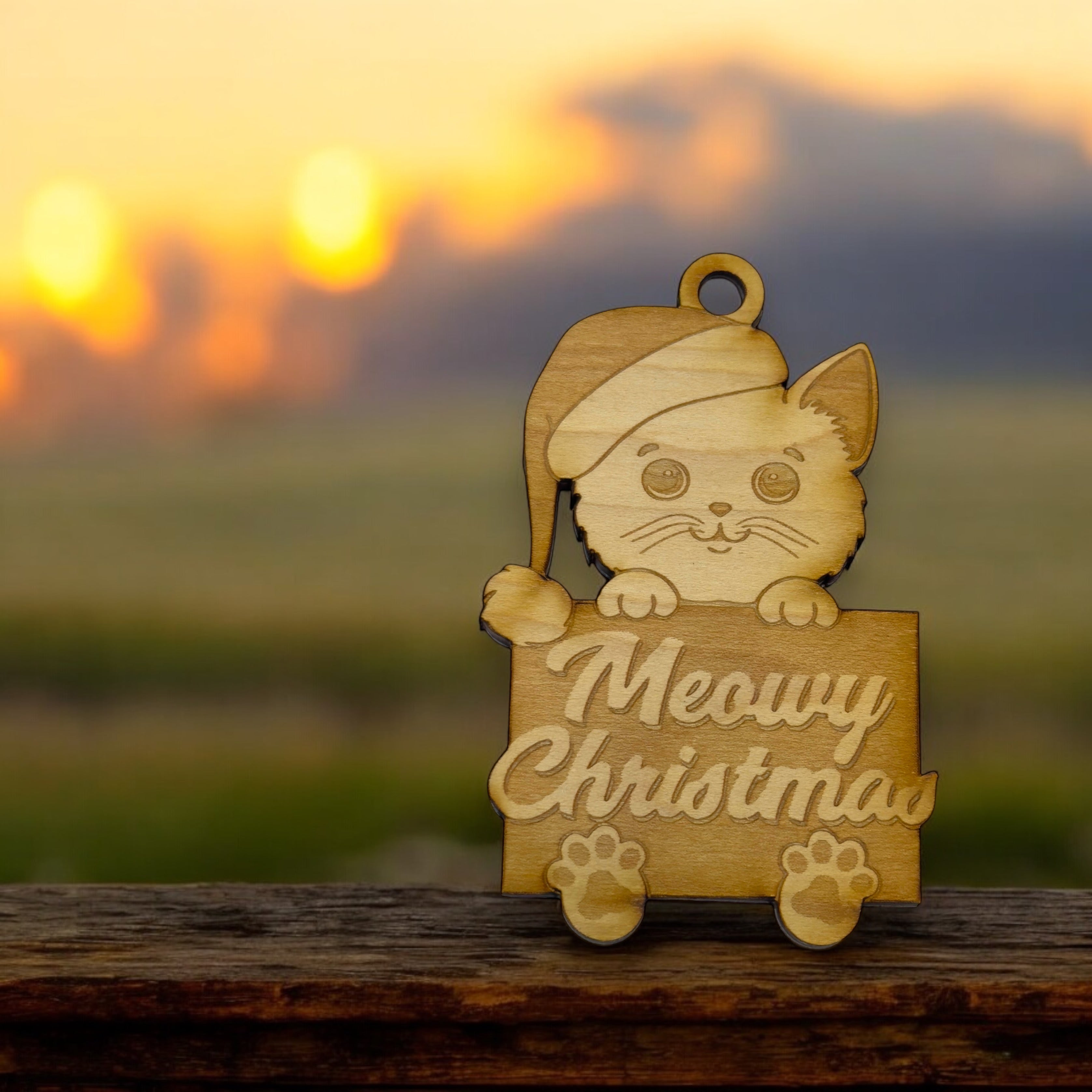 Ornament - Meowy Christmas - Raw Wood 3x4in