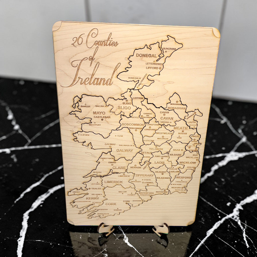 26 counties of Ireland Puzzle Map - Art Kit - Raw Wood 18x12 Inches - With Stand