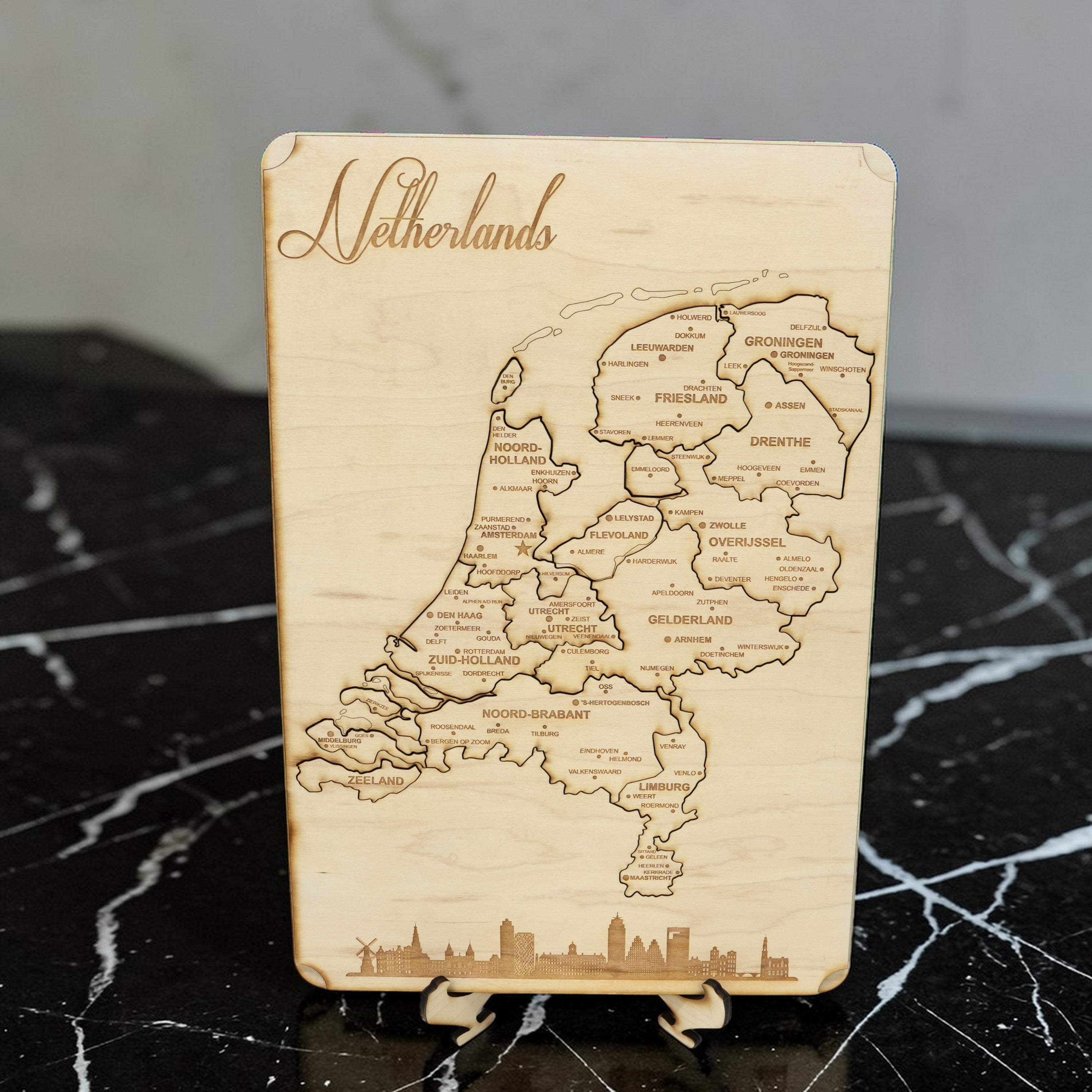 Netherlands Puzzle Map - Art Kit - Raw Wood 12x18 Inches - 18 Pieces - With Stand