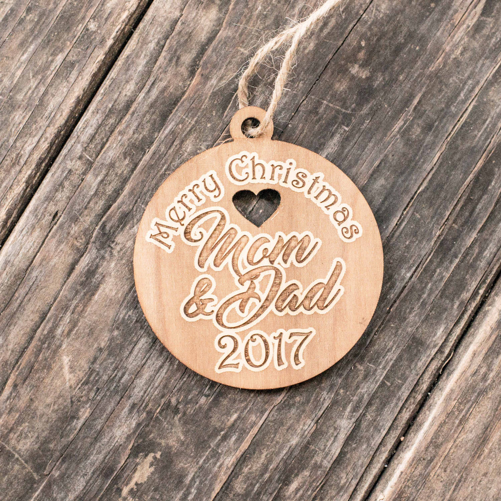Ornament - Merry Christmas Mom and Dad - Raw Wood 3x3in