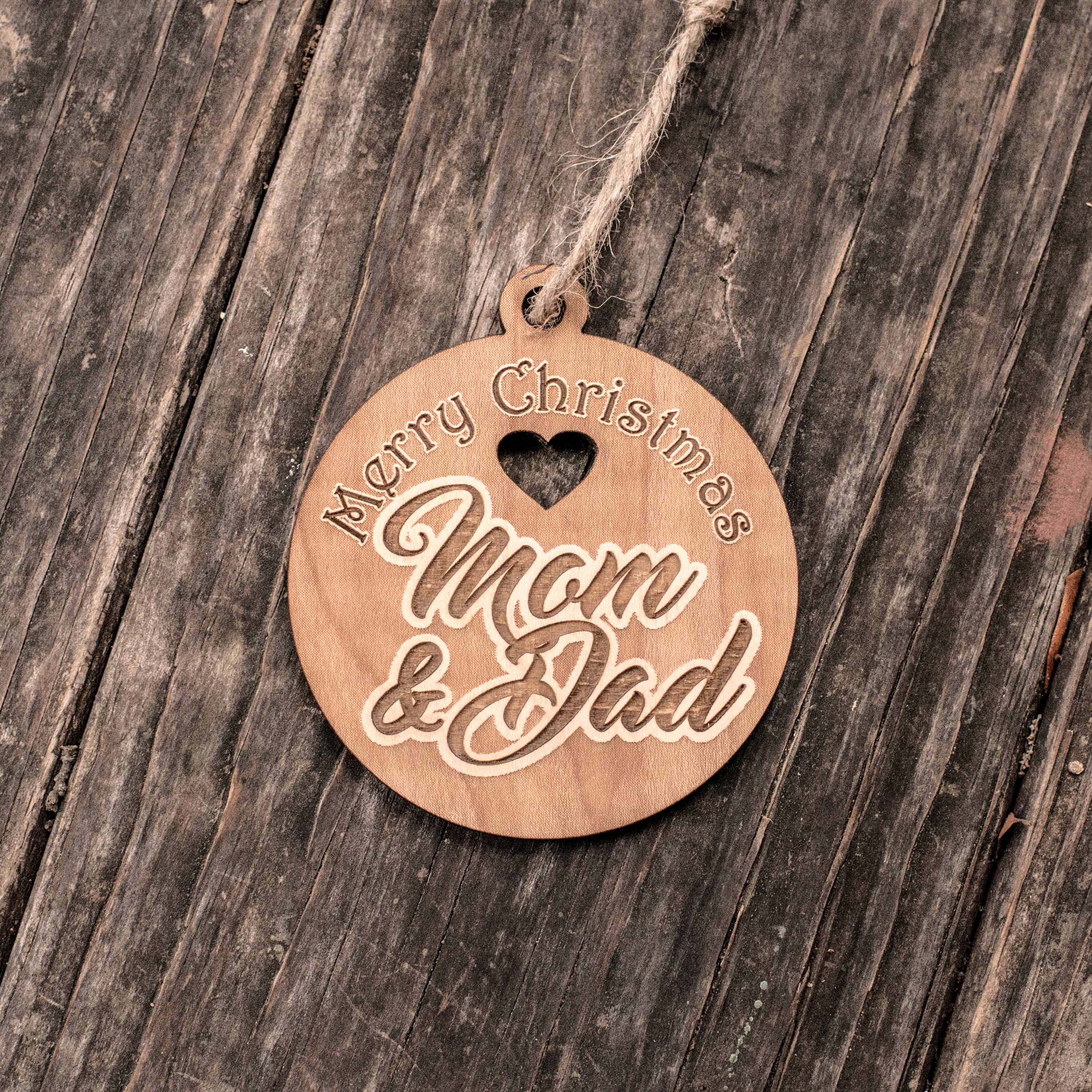 Ornament - Merry Christmas Mom and Dad - Raw Wood 3x3in