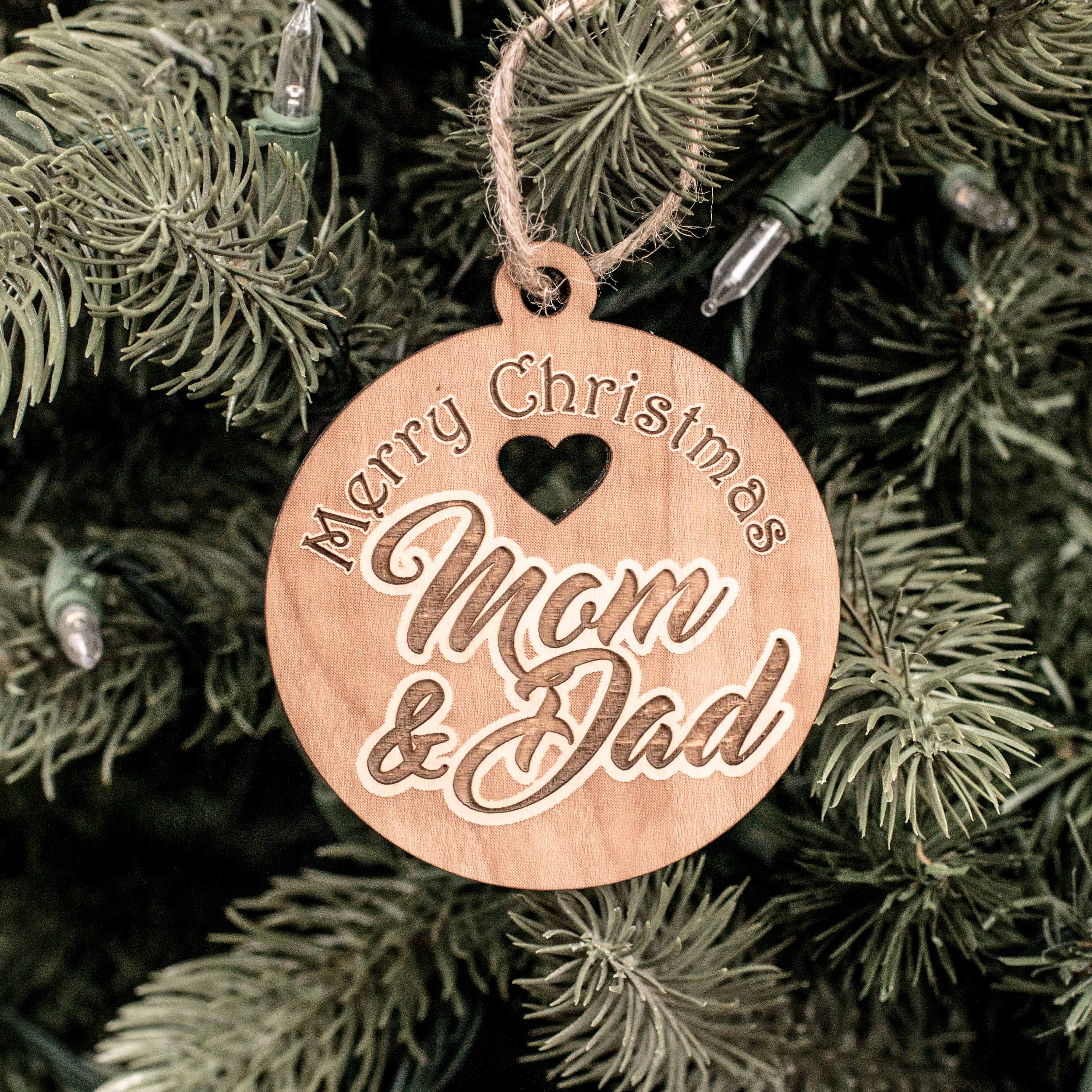 Ornament - Merry Christmas Mom and Dad - Raw Wood 3x3in