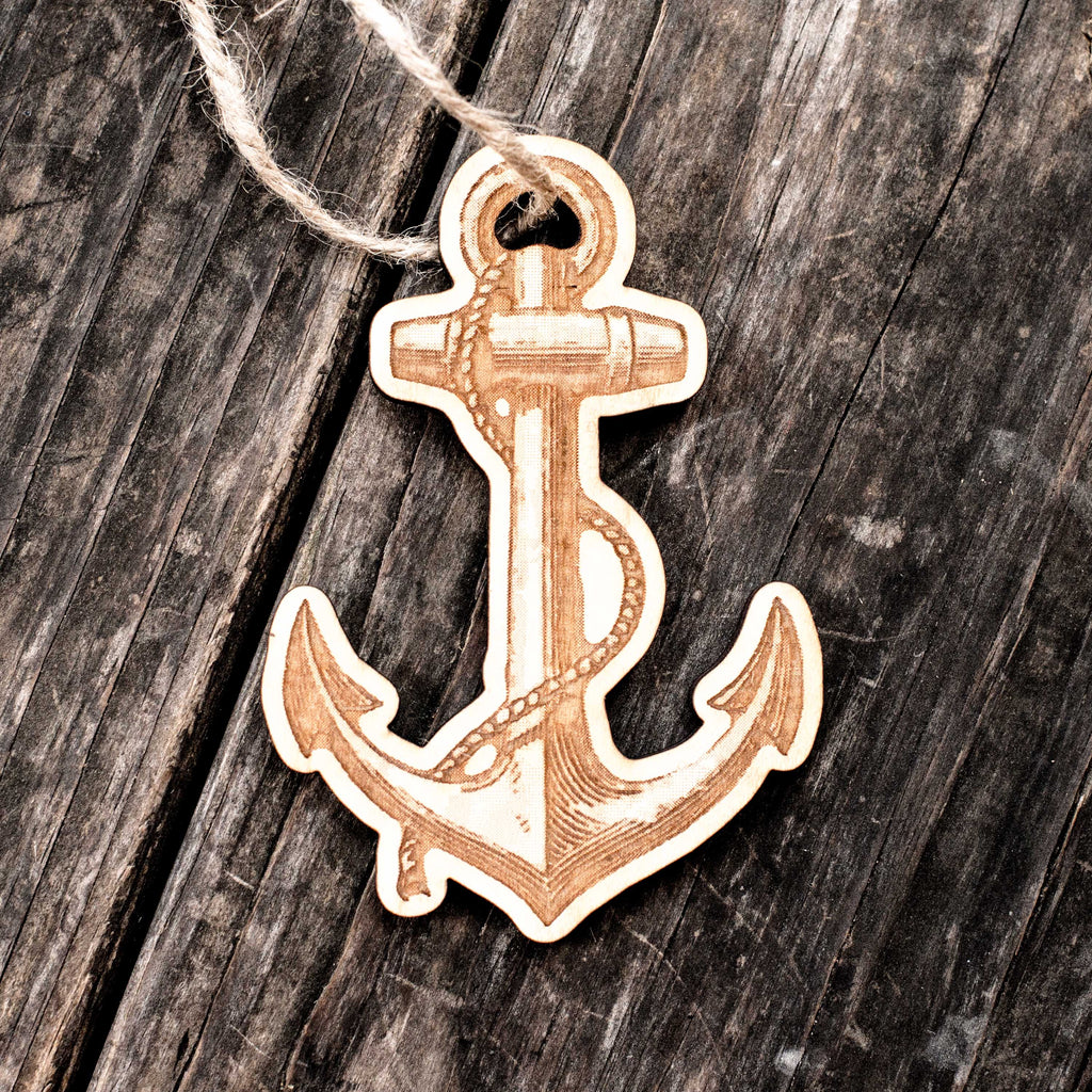 Ornament - Anchor - Raw Wood 3x4in
