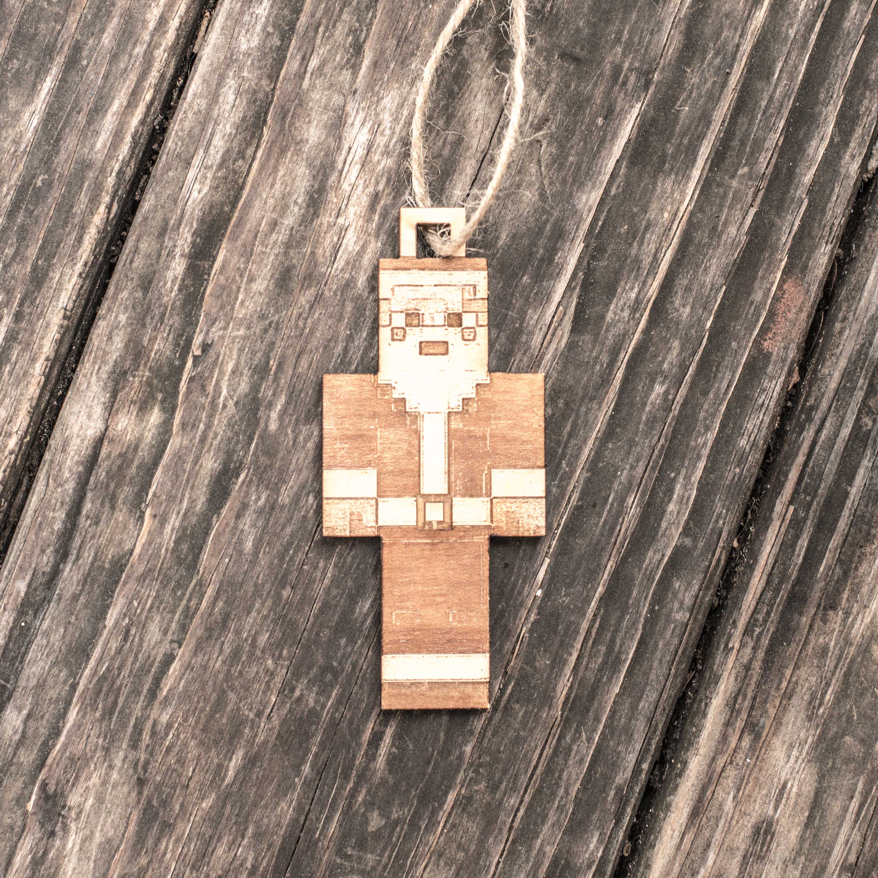 Ornament - Block Pixel Santa - Raw Wood 2x4in
