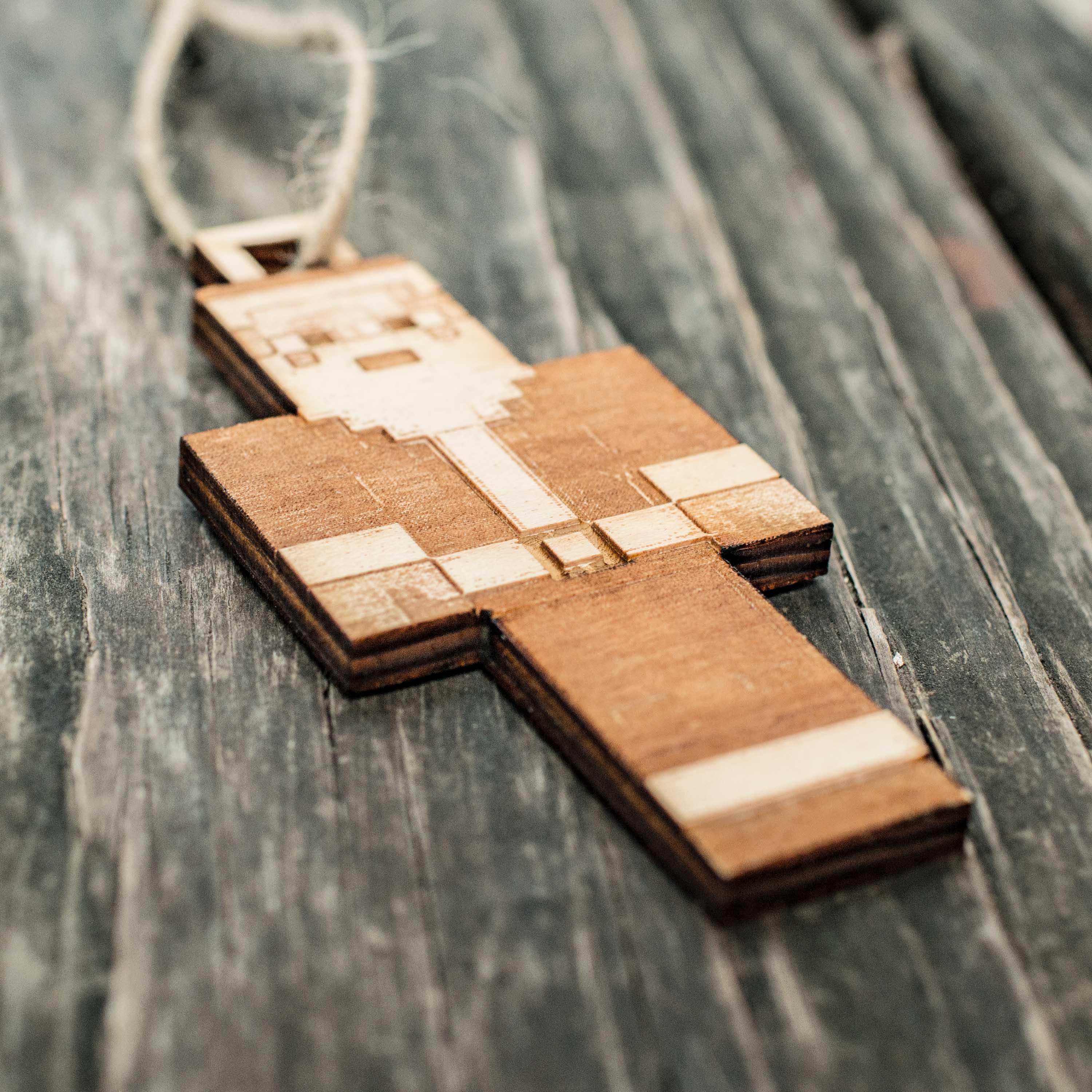 Ornament - Block Pixel Santa - Raw Wood 2x4in