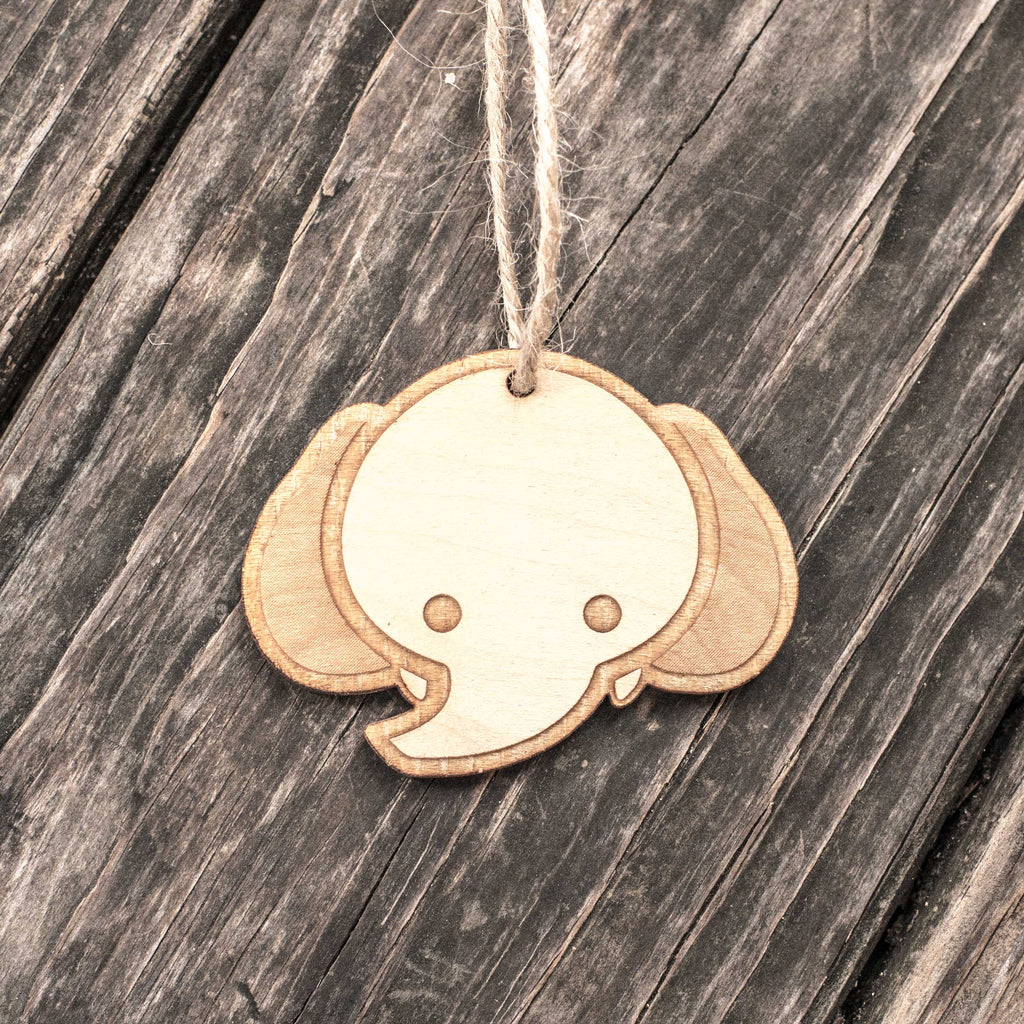 Ornament - Cute Elephant - Raw Wood 3x2in