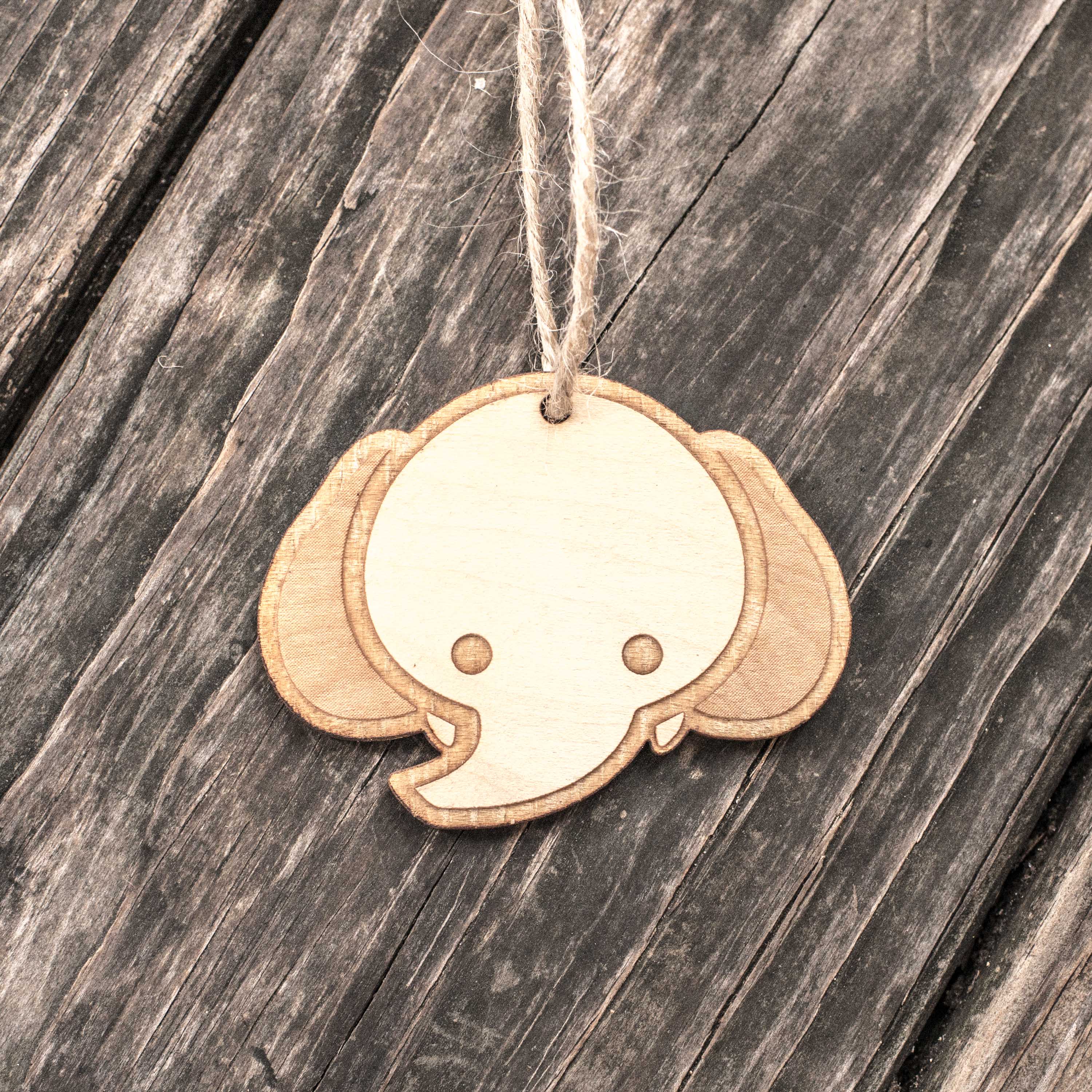 Ornament - Cute Elephant - Raw Wood 3x2in