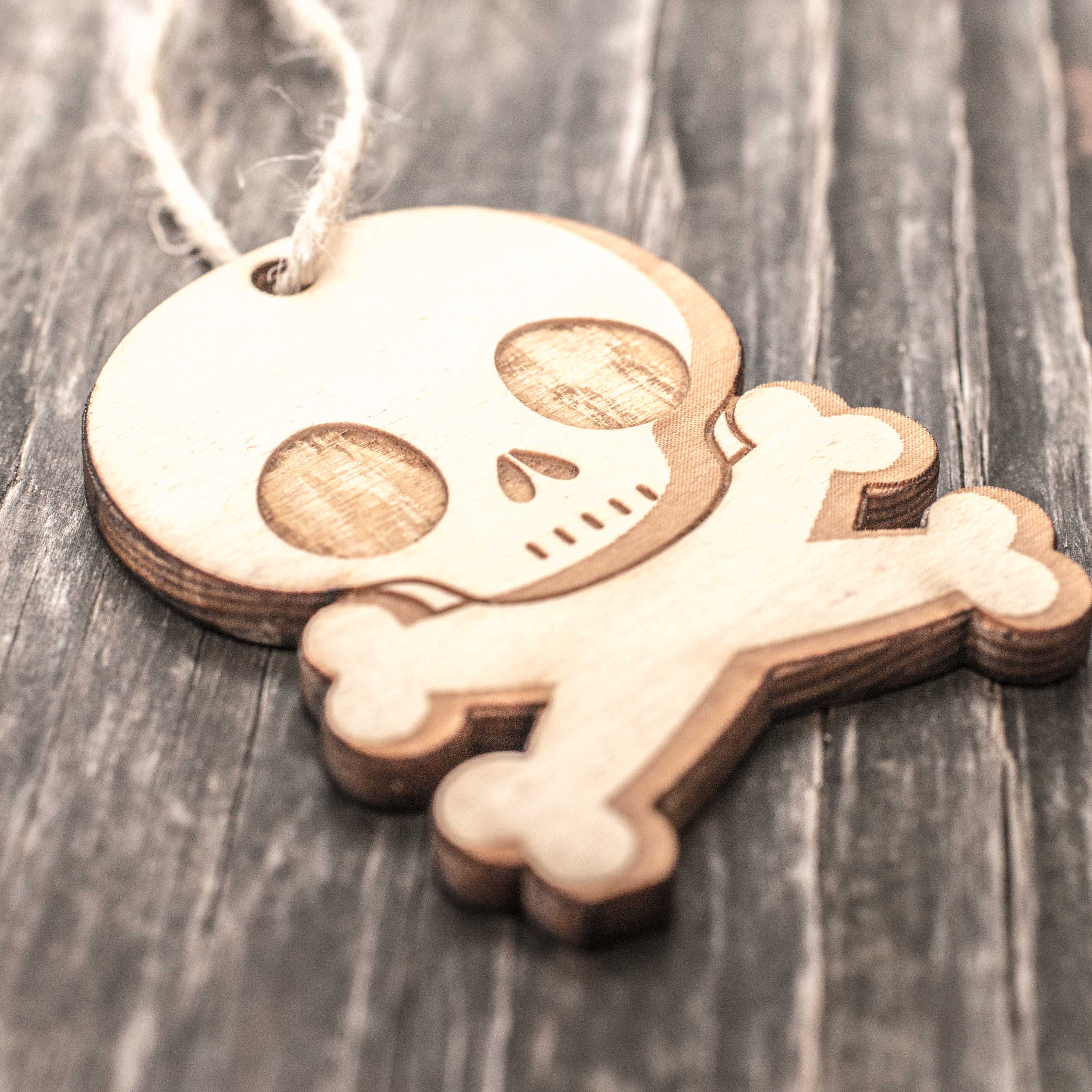 Ornament - Cute Skull and Crossbones - Raw Wood 3x2in