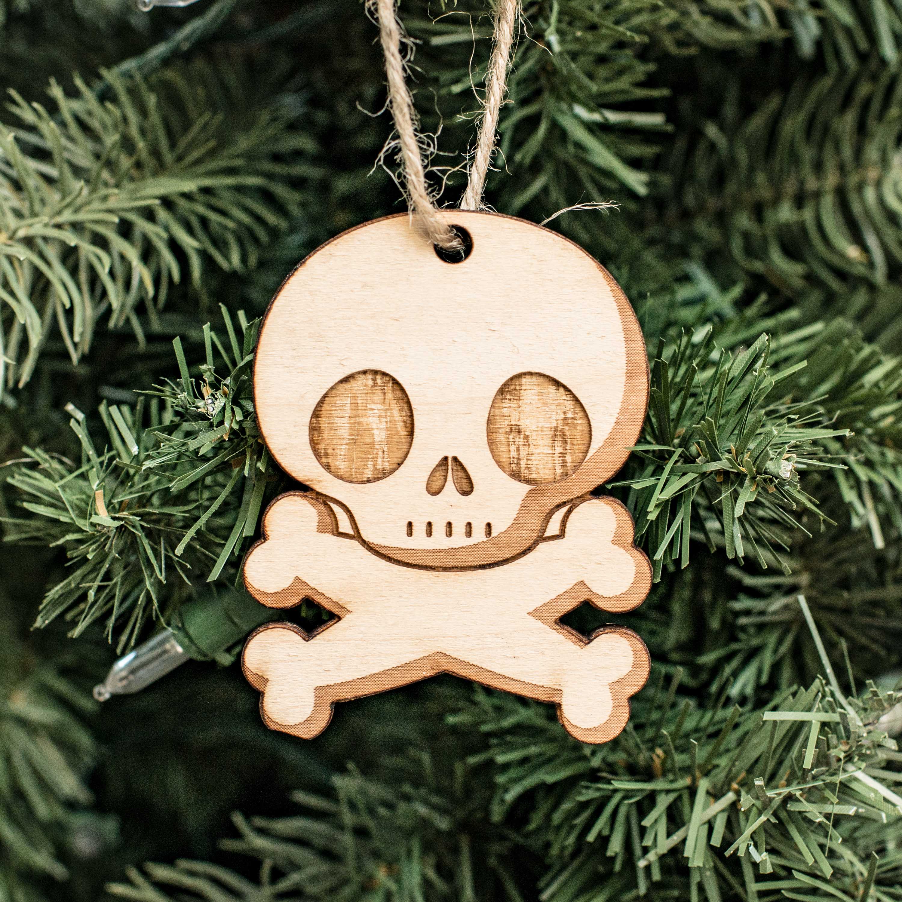 Ornament - Cute Skull and Crossbones - Raw Wood 3x2in