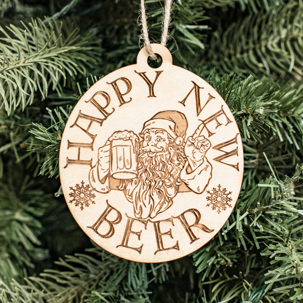 Ornament - Happy New Beer- Raw Wood 3x4in