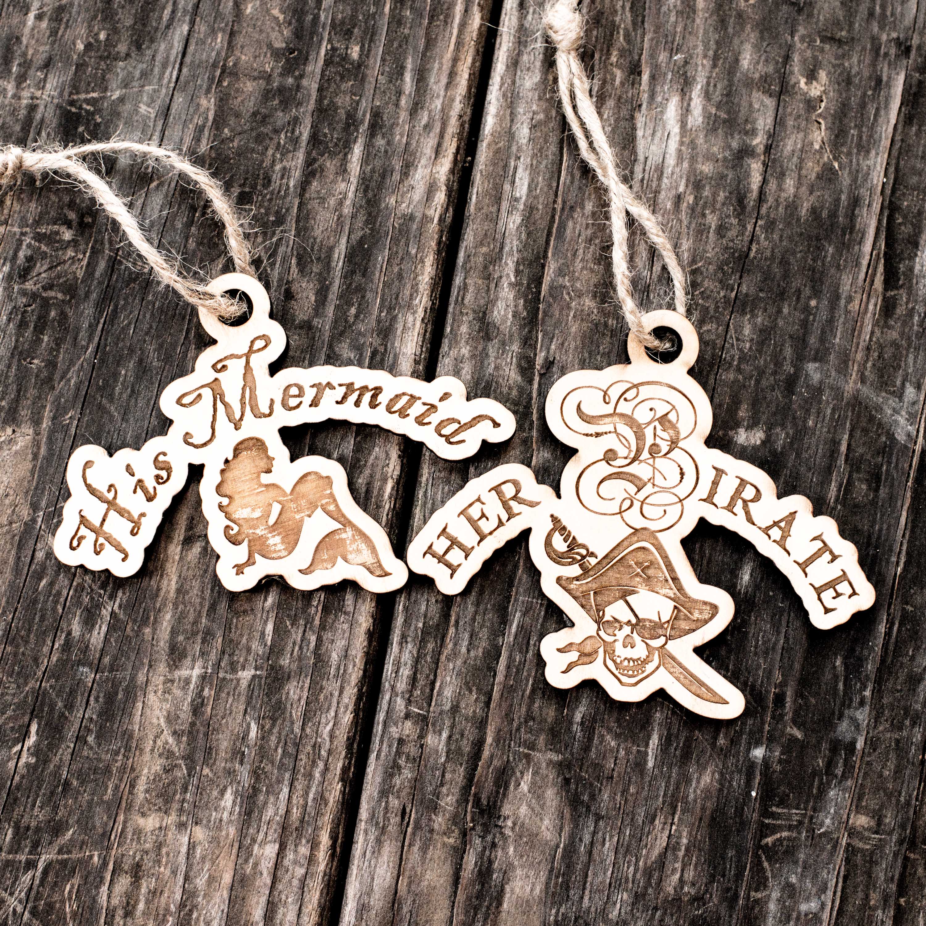 Ornament - His Mermaid - Her Pirate - Set Raw Wood 2x4in