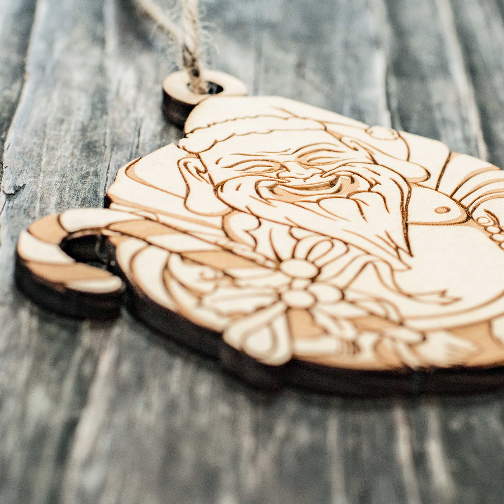 Ornament - Laughing Santa Buddha - Raw Wood 4x3in