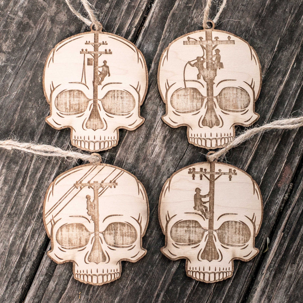 Ornament - Lineman Skulls - Set of 4 - Raw Wood 3x3in