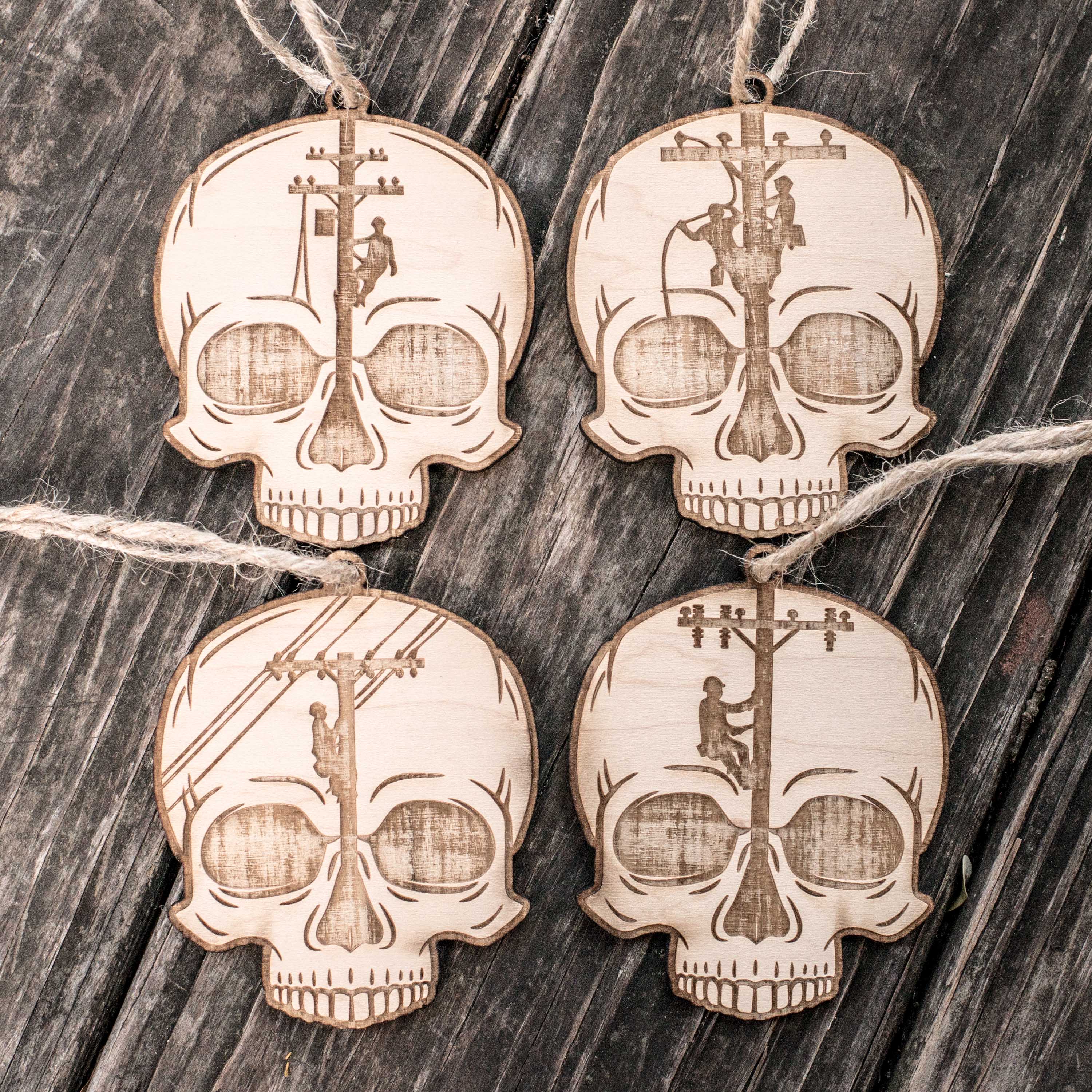 Ornament - Lineman Skulls - Set of 4 - Raw Wood 3x3in