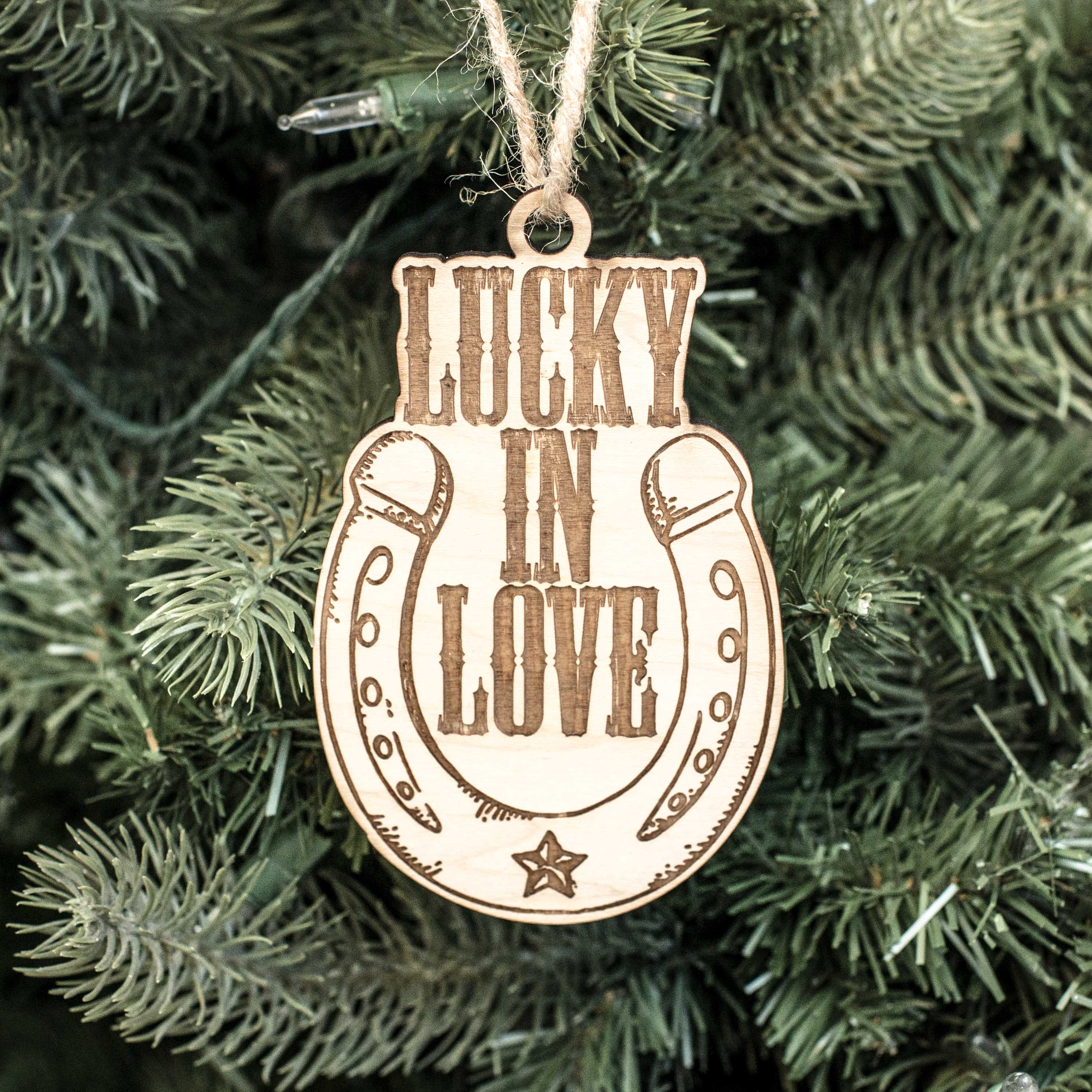 Ornament - Lucky in Love - Horseshoe - Raw Wood 3x5in