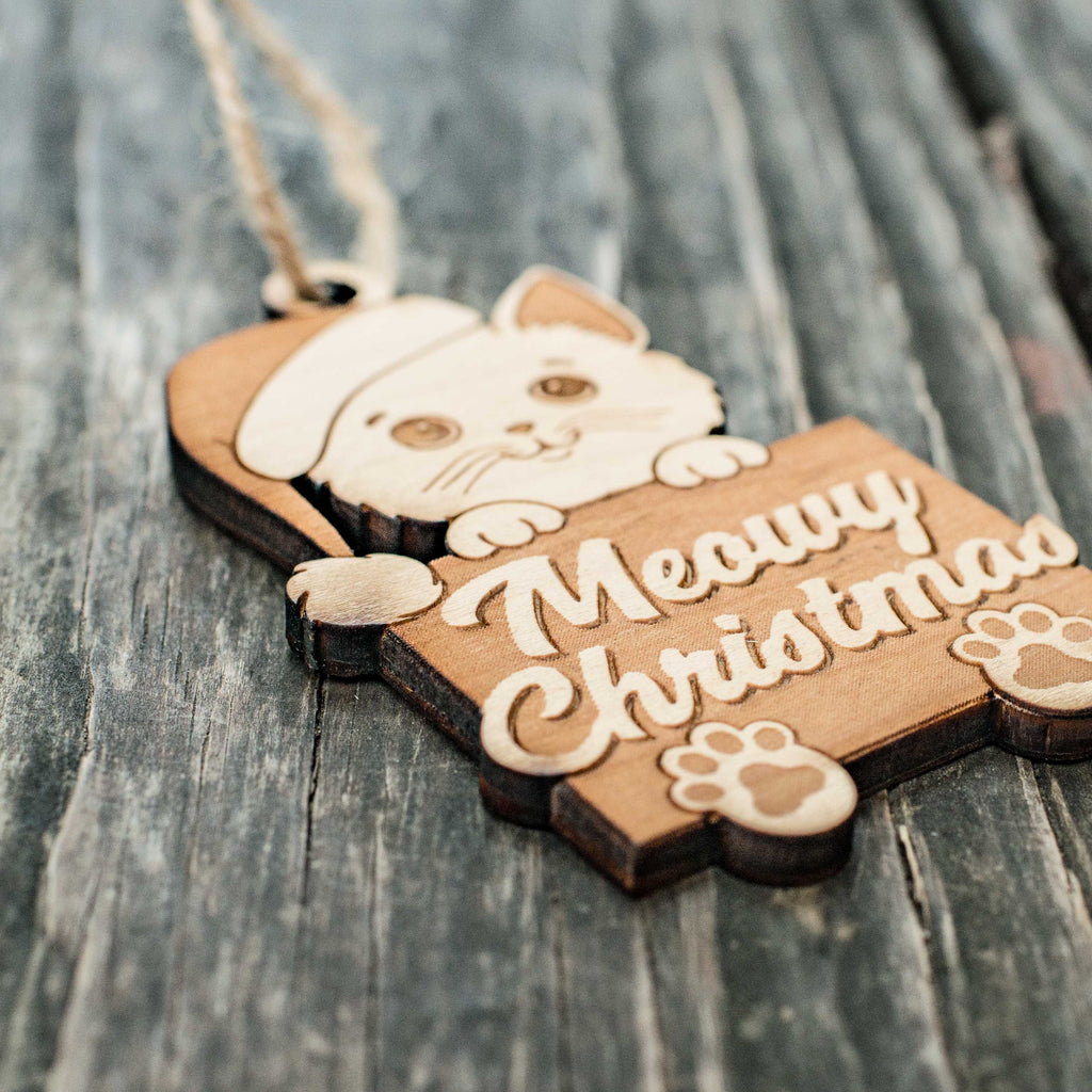 Ornament - Meowy Christmas - Raw Wood 3x4in