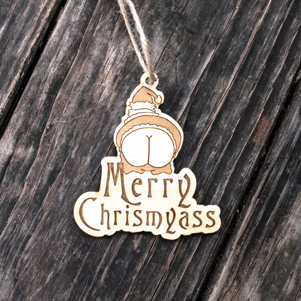 Ornament - Merry Chrismyass - Raw Wood 3x4in