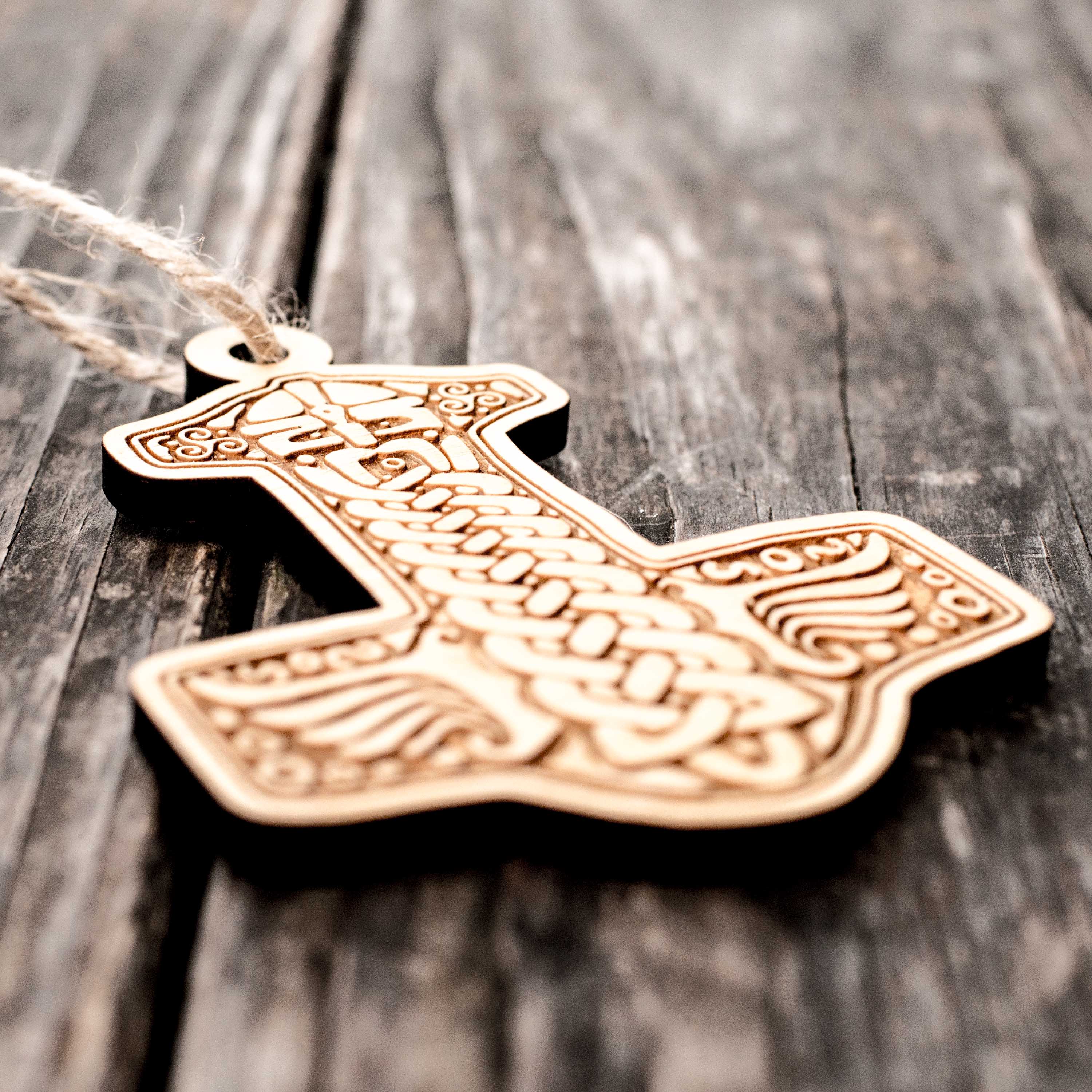 Ornament - Mjolnir - Raw Wood 3x4in